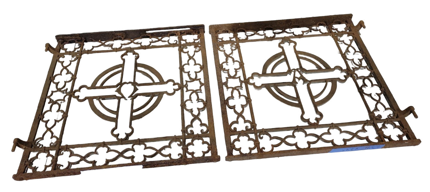 Pair of Antique Cast Iron Grates with Gothic Cross Motif – 23 ½ x 24