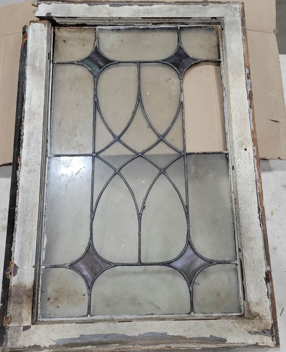 Antique Leaded Glass Window – Diamond Scroll Pattern in Original Wood Frame Missing One Glass Pane