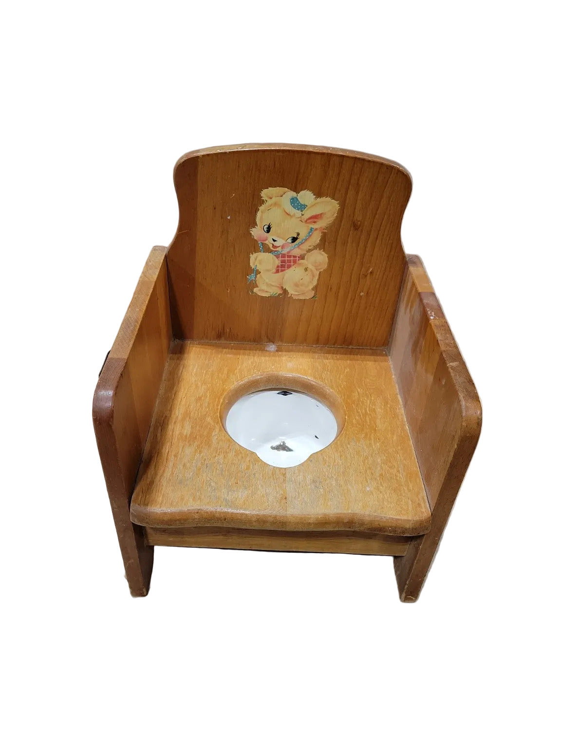 Vintage Child’s Wooden Potty Chair with Enamel Insert – Mid-Century Nursery Furniture