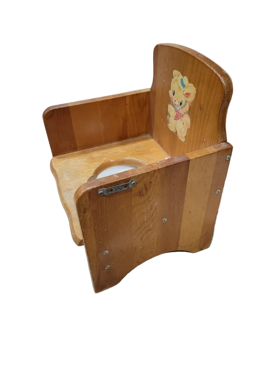 Vintage Child’s Wooden Potty Chair with Enamel Insert – Mid-Century Nursery Furniture