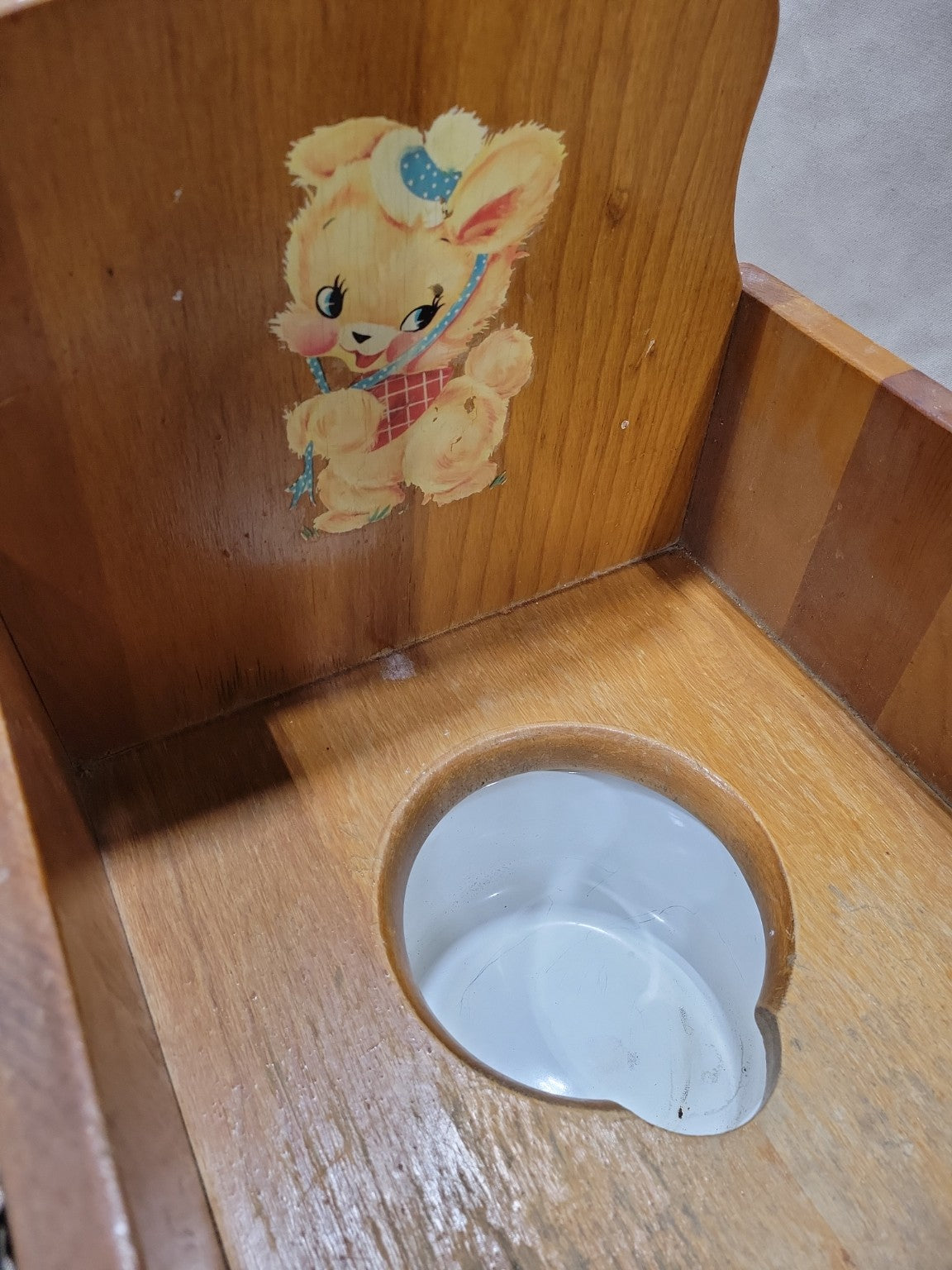 Vintage Child’s Wooden Potty Chair with Enamel Insert – Mid-Century Nursery Furniture