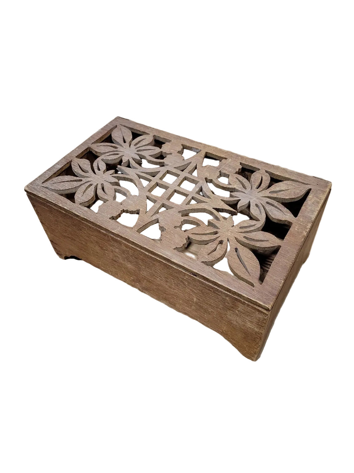 Vintage Carved Wooden Lattice Box with Hinged Lid