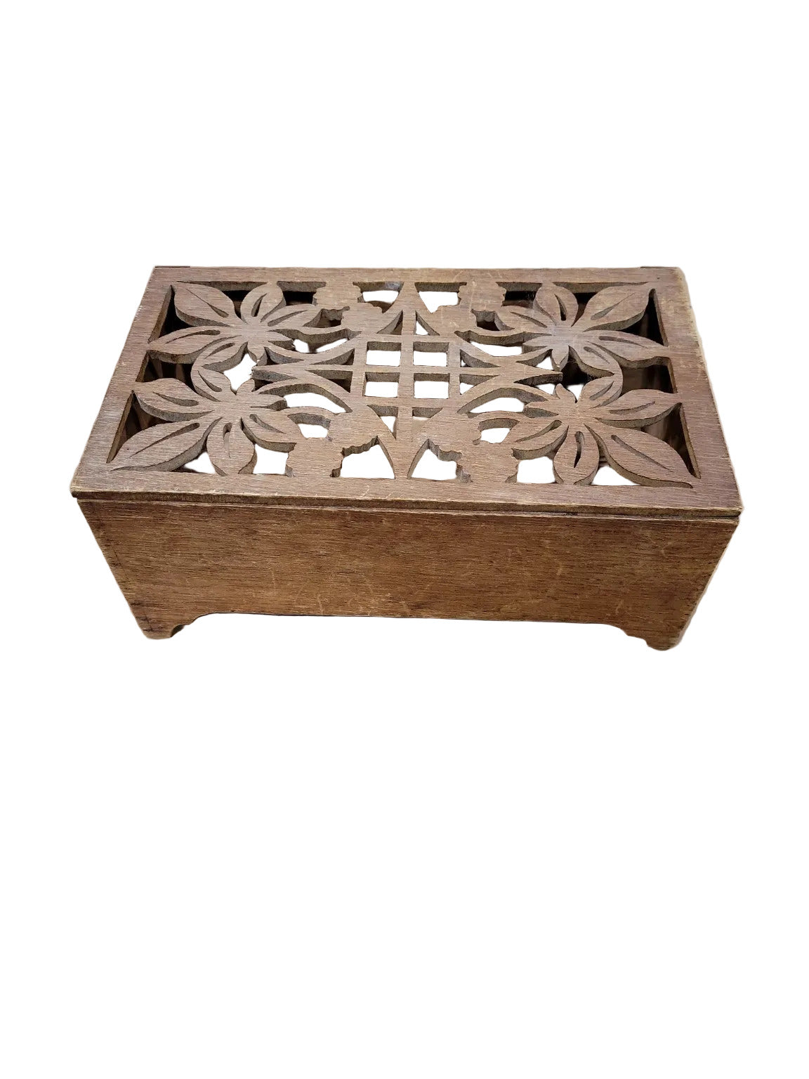 Vintage Carved Wooden Lattice Box with Hinged Lid