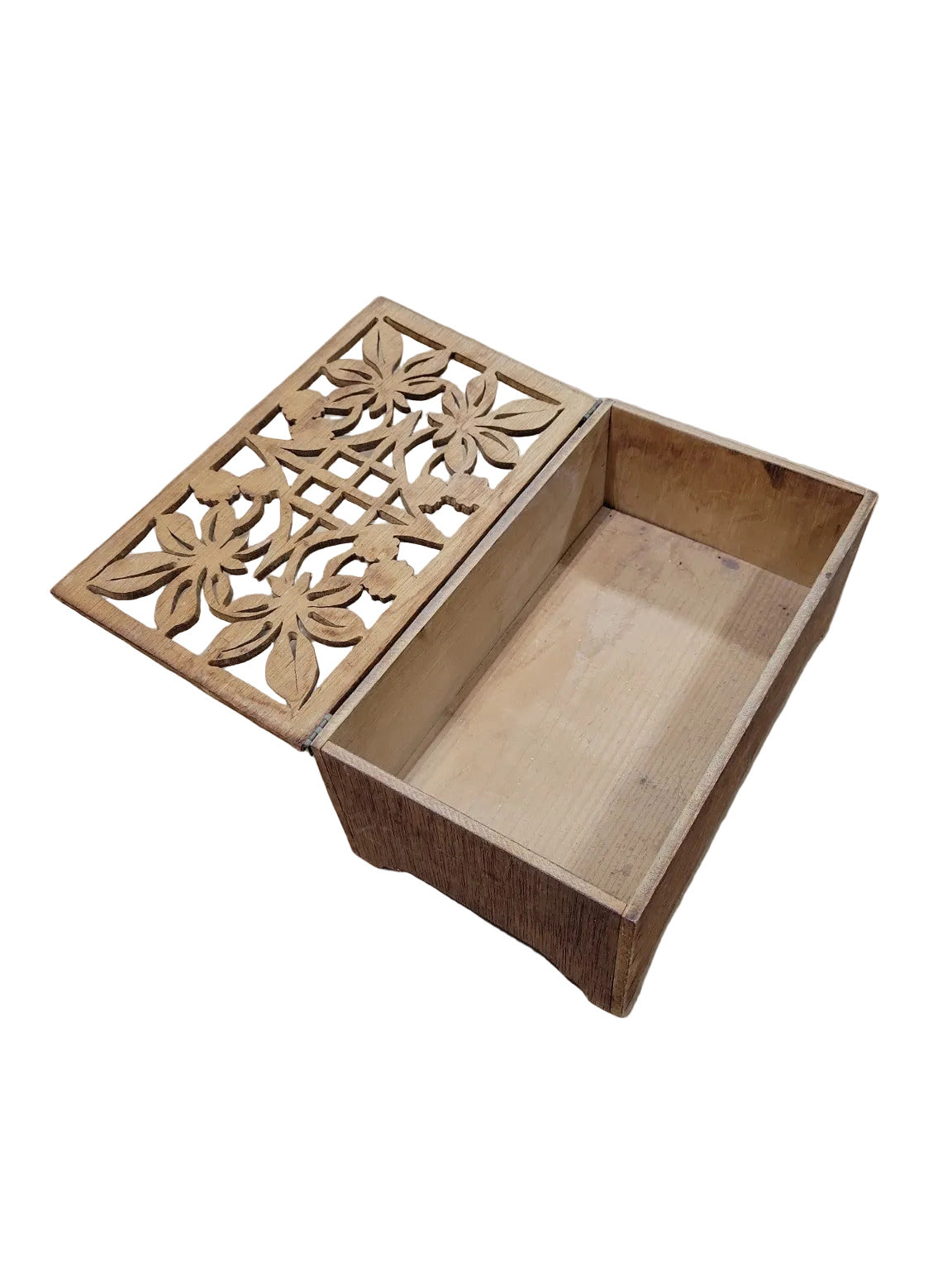Vintage Carved Wooden Lattice Box with Hinged Lid