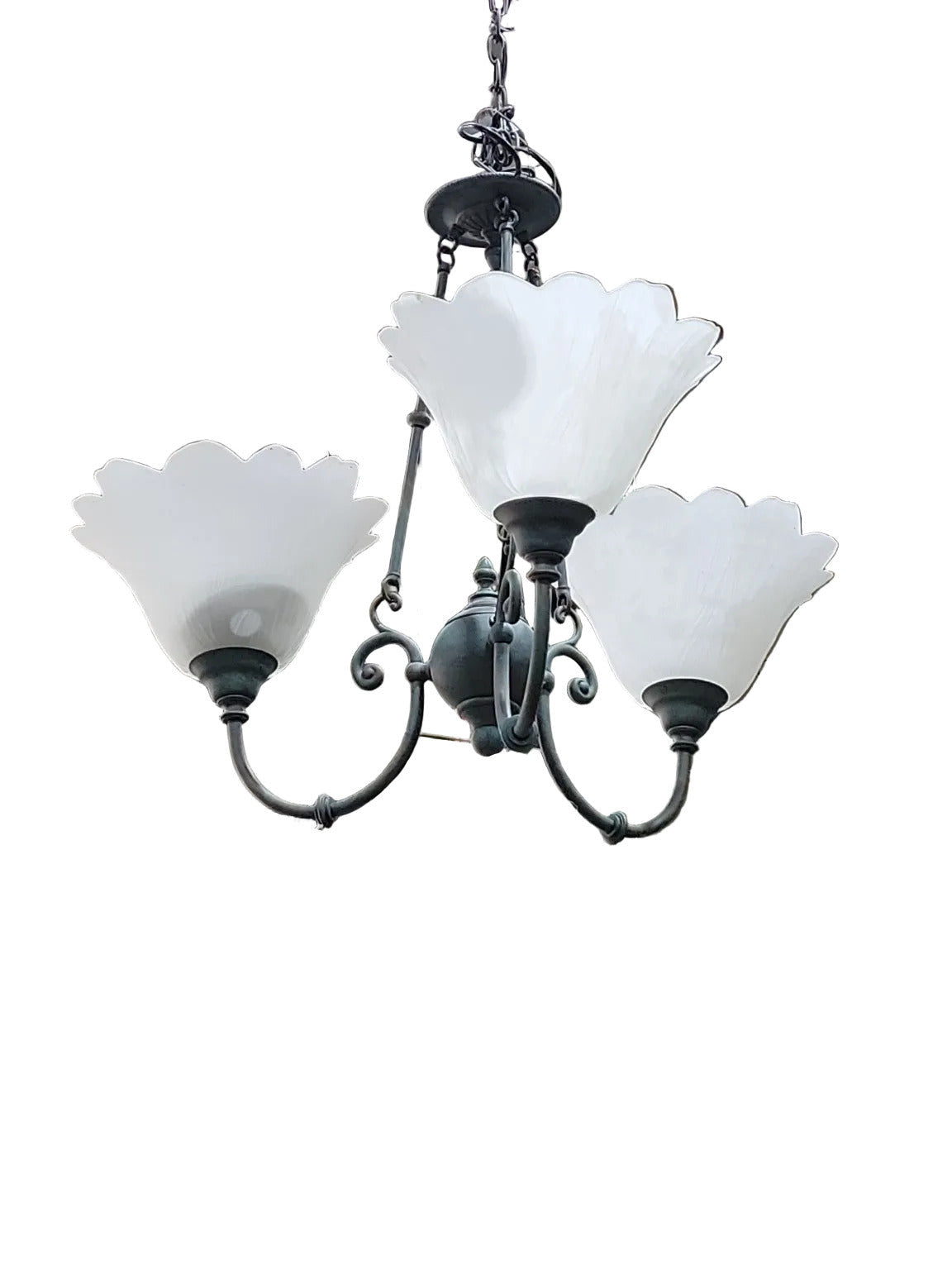 Vintage Verdigris Brass Three-Light Chandelier with Frosted Tulip Shades – 26" W