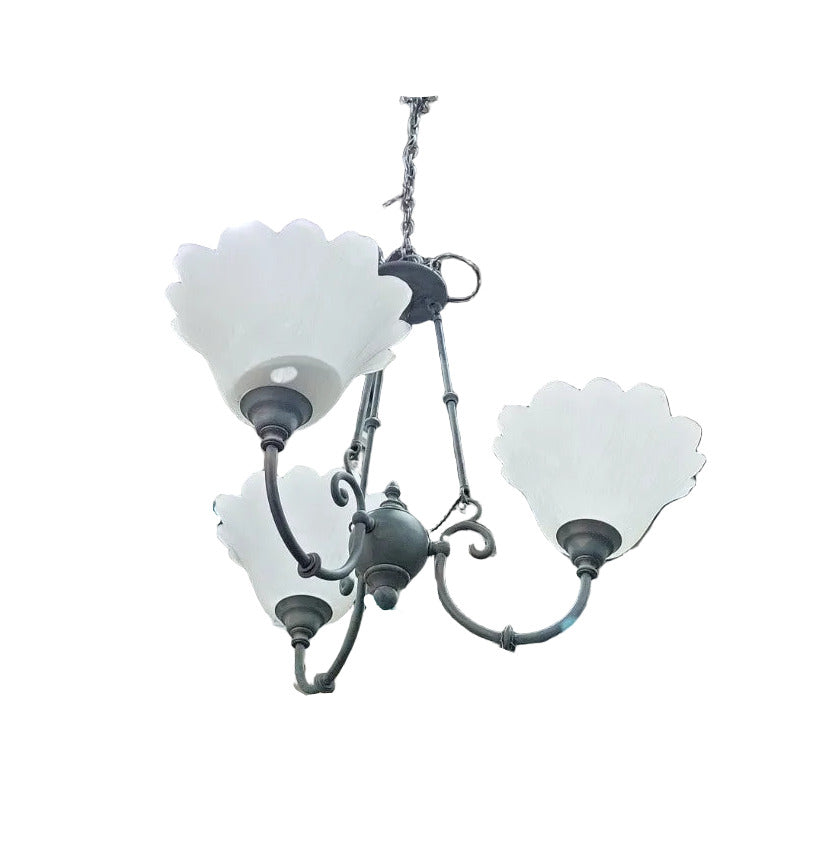 Vintage Verdigris Brass Three-Light Chandelier with Frosted Tulip Shades – 26" W