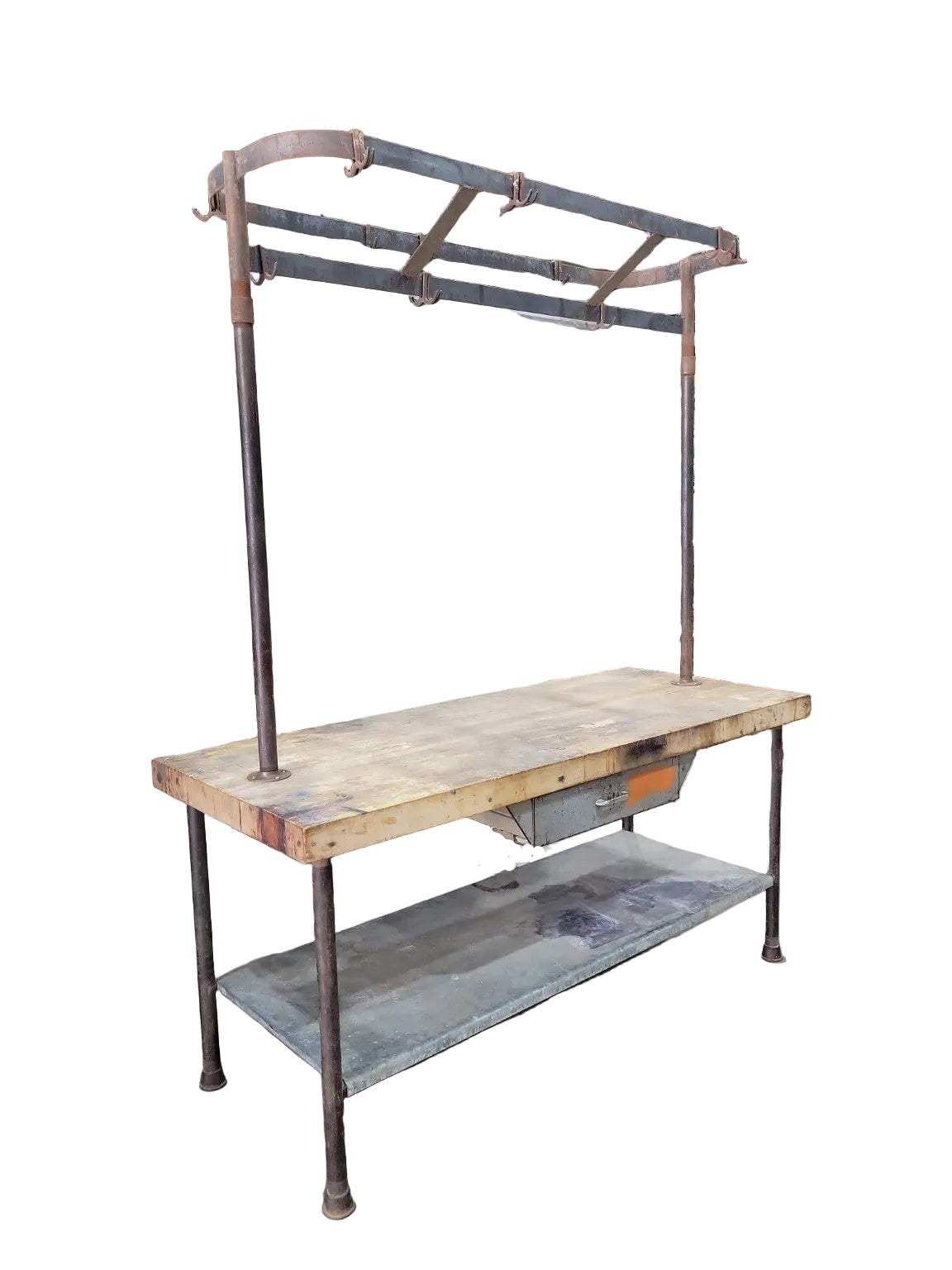 Vintage Industrial Maple Butcher Block Kitchen Island with Pot Rack