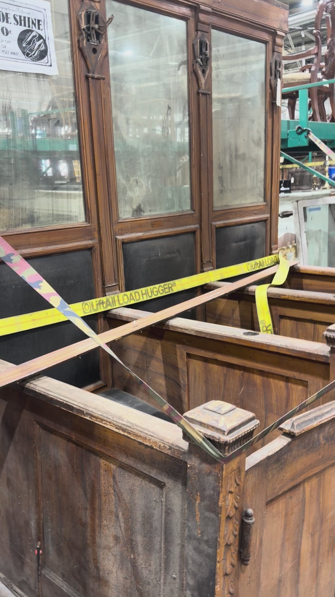 Load video: Bootblack Fixtures Antique Oak 3-Station Shoe Shine Stand with Mirrored Back