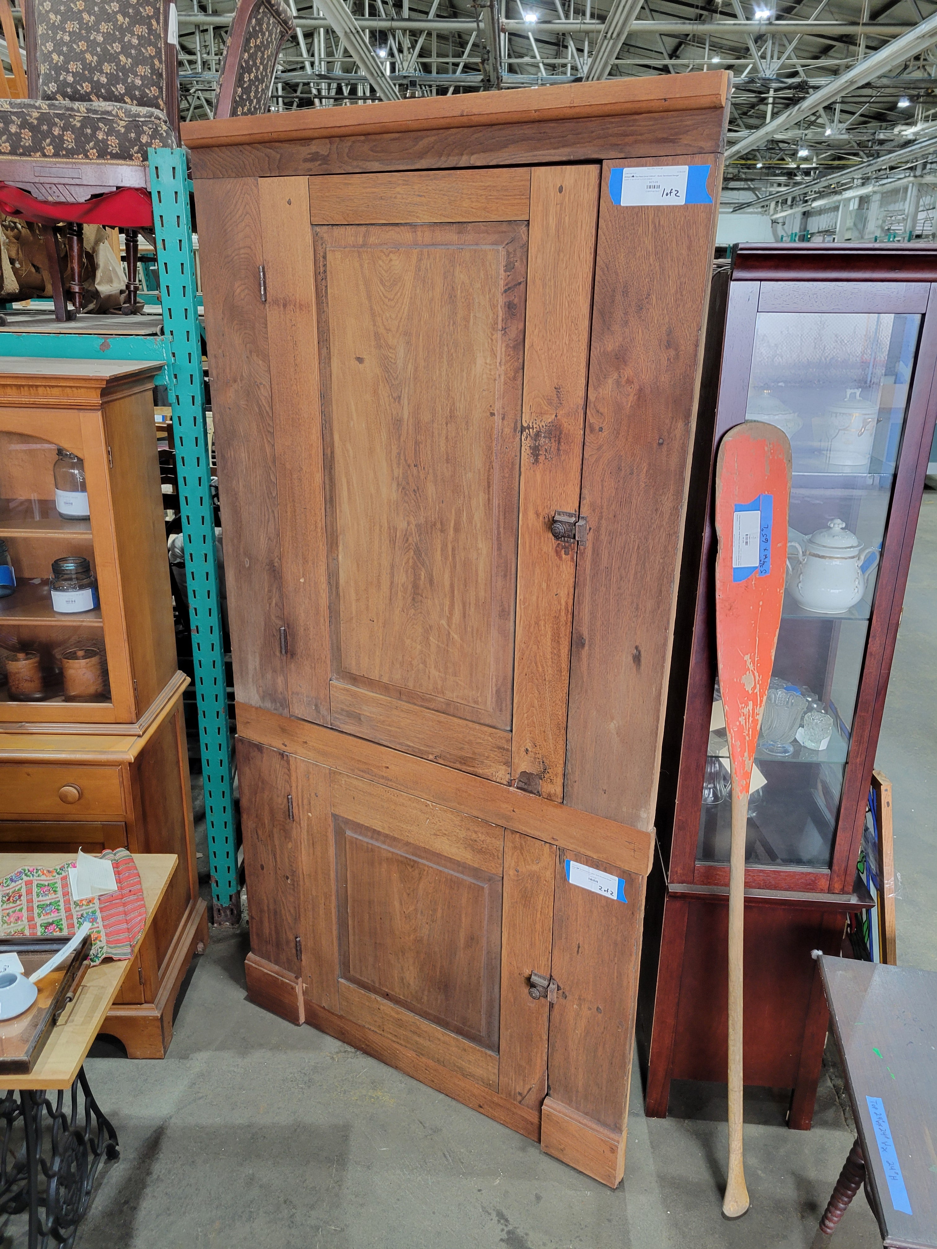 Antique Two-Piece Corner Cabinet – Rustic Farmhouse Storage