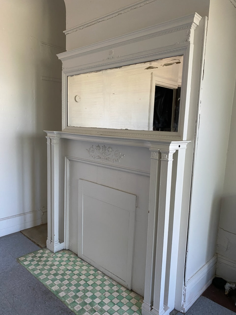 Painted Neoclassical Wood Fireplace Mantel with Overmantel Mirror