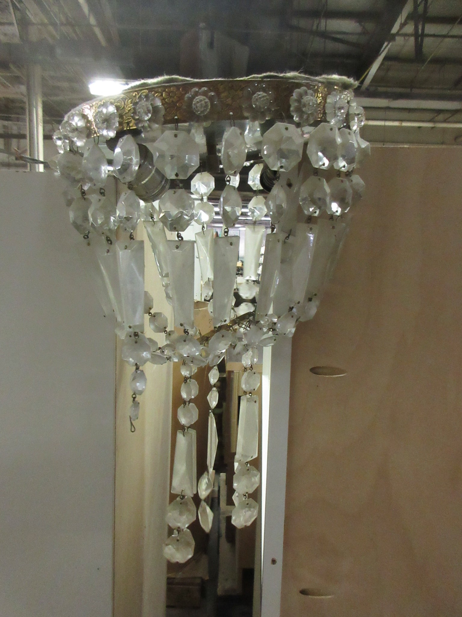 Vintage Brass Crystal Beaded Basket Chandelier