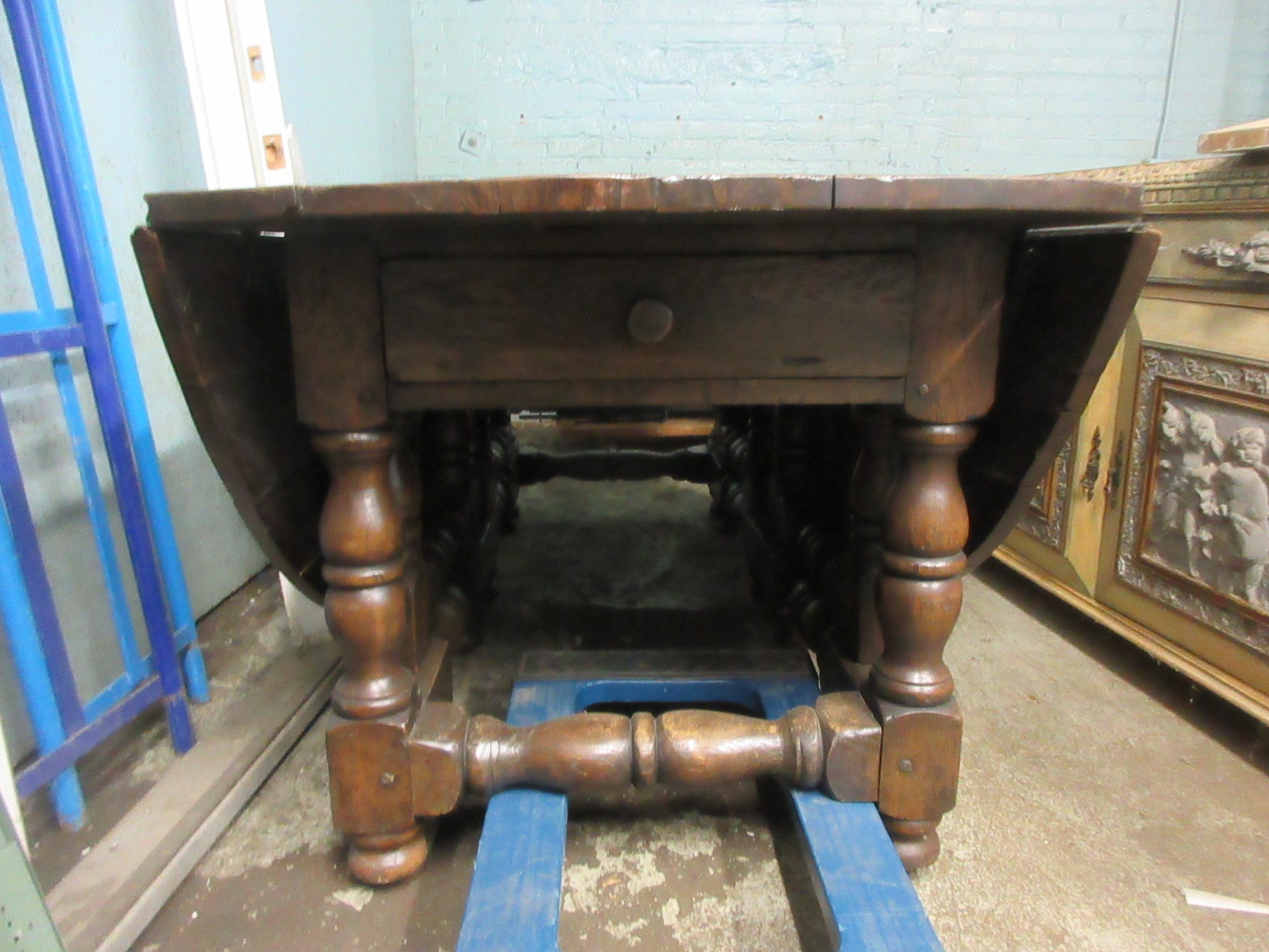 Antique Solid Wood Drop Leaf Dining Table with Storage
