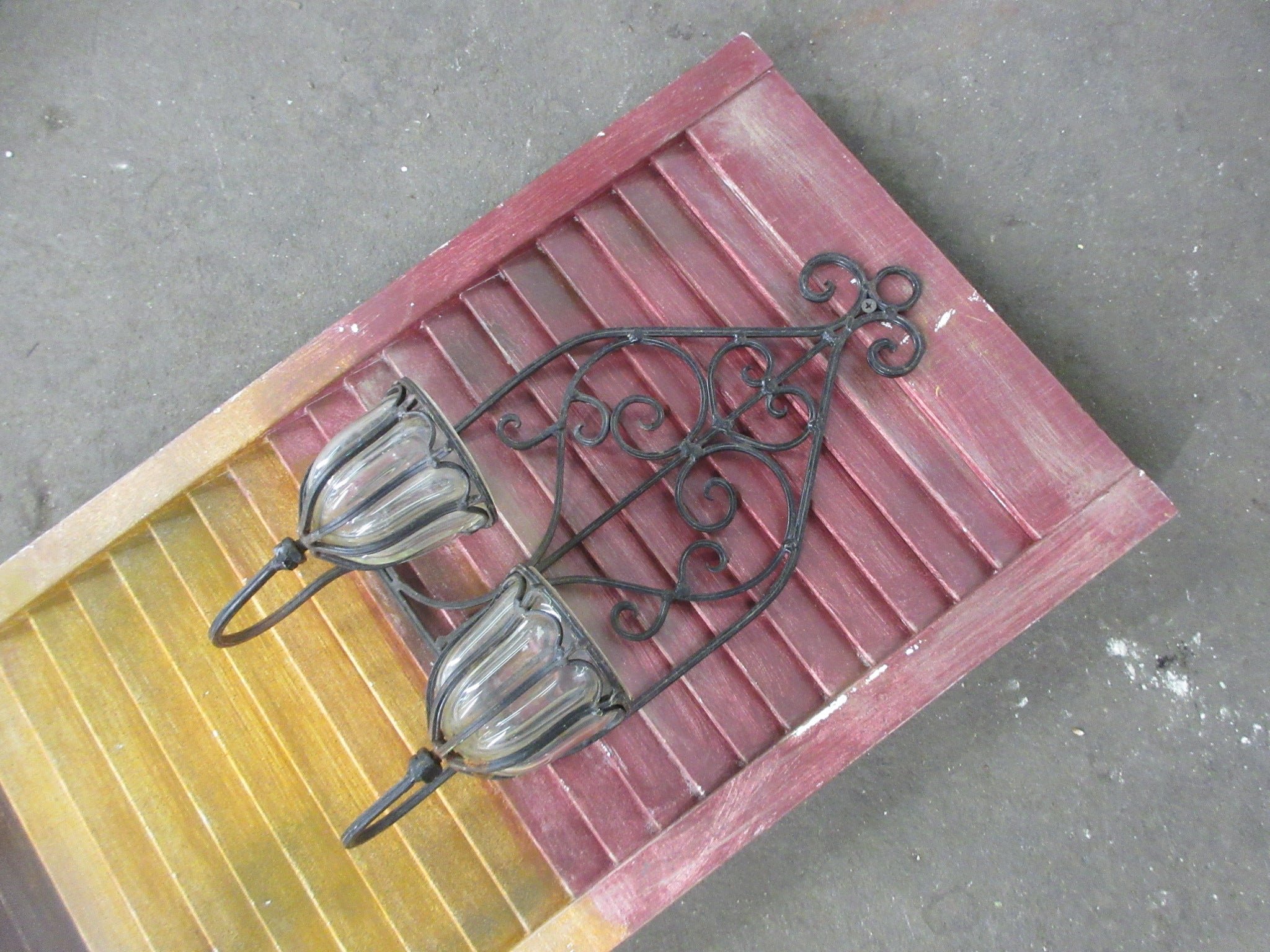 Painted Decorative Shutter with Mounted Candle Sconces