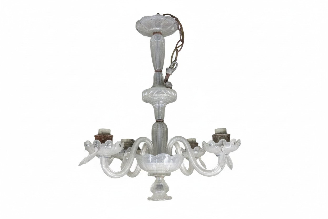 Antique 5-Arm Glass and Crystal Chandelier