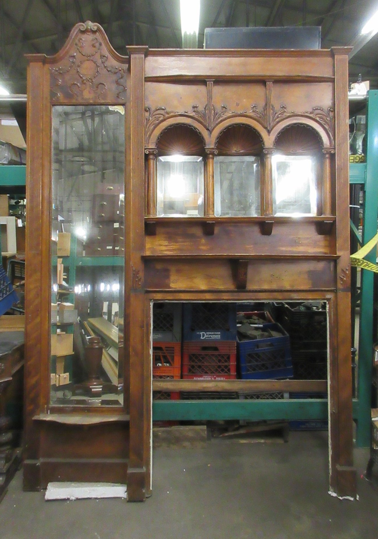 Victorian Carved Wood Fireplace Mantel with Overmantel Mirror