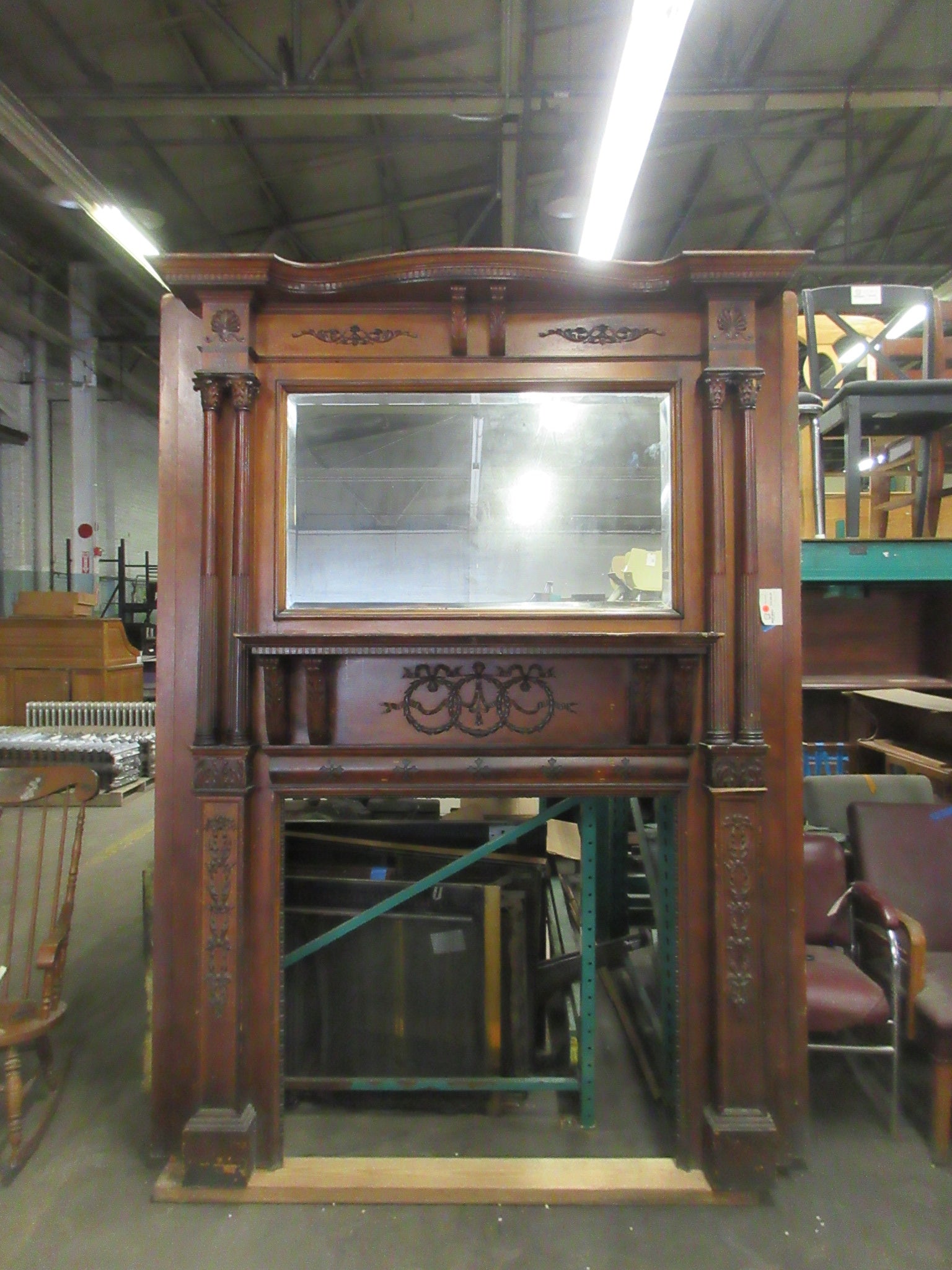 Carved Reclaimed Mantle with Beveled Mirror