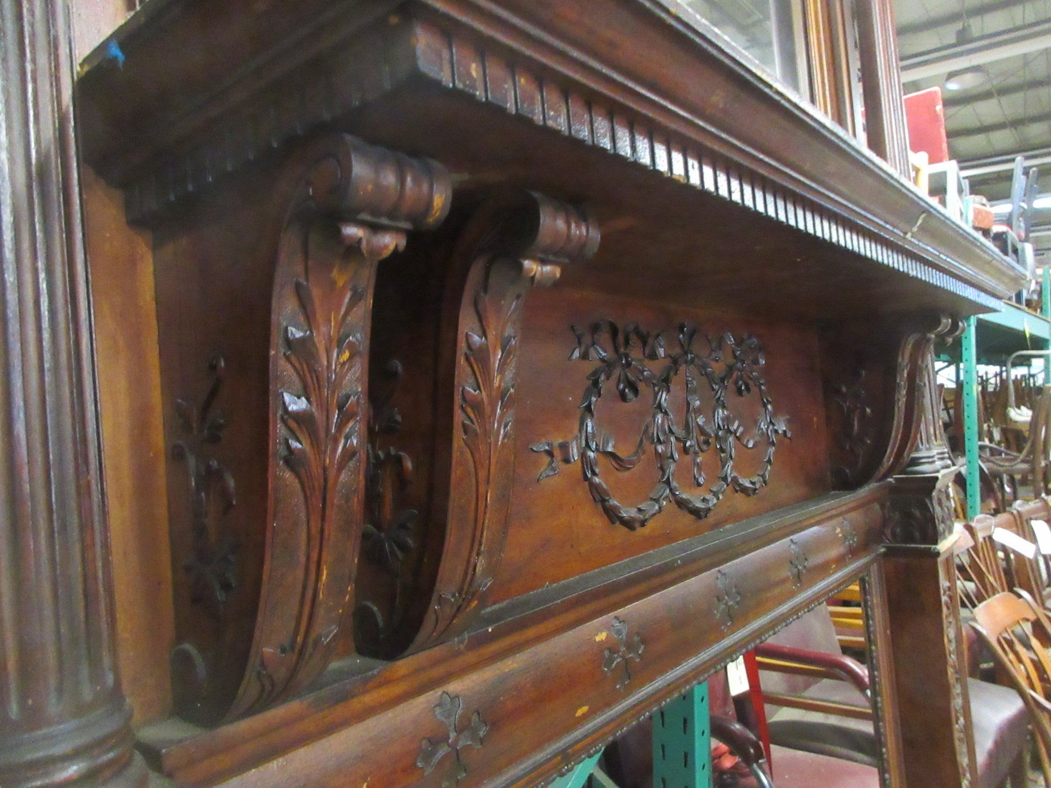 Carved Reclaimed Mantle with Beveled Mirror