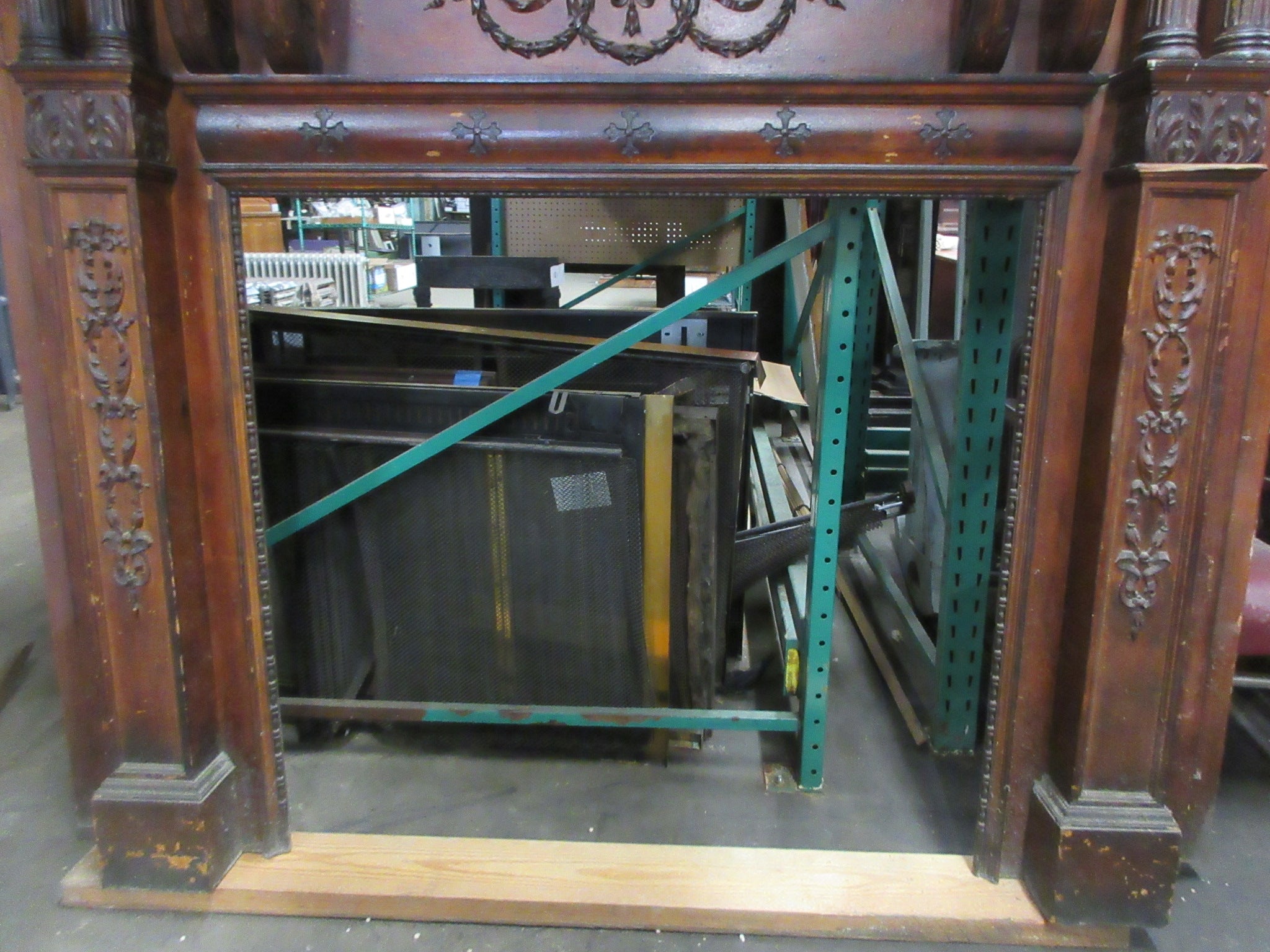 Carved Reclaimed Mantle with Beveled Mirror