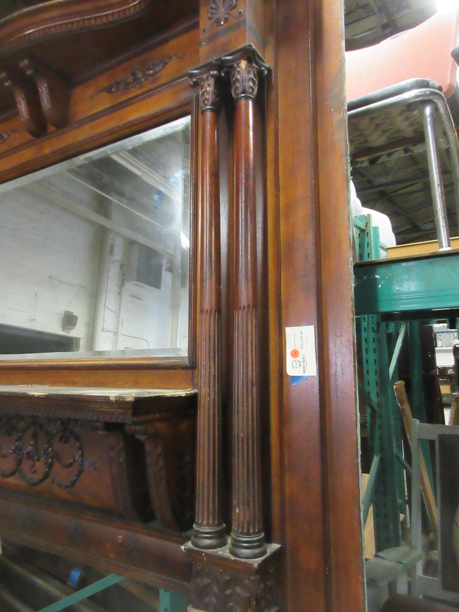 Carved Reclaimed Mantle with Beveled Mirror