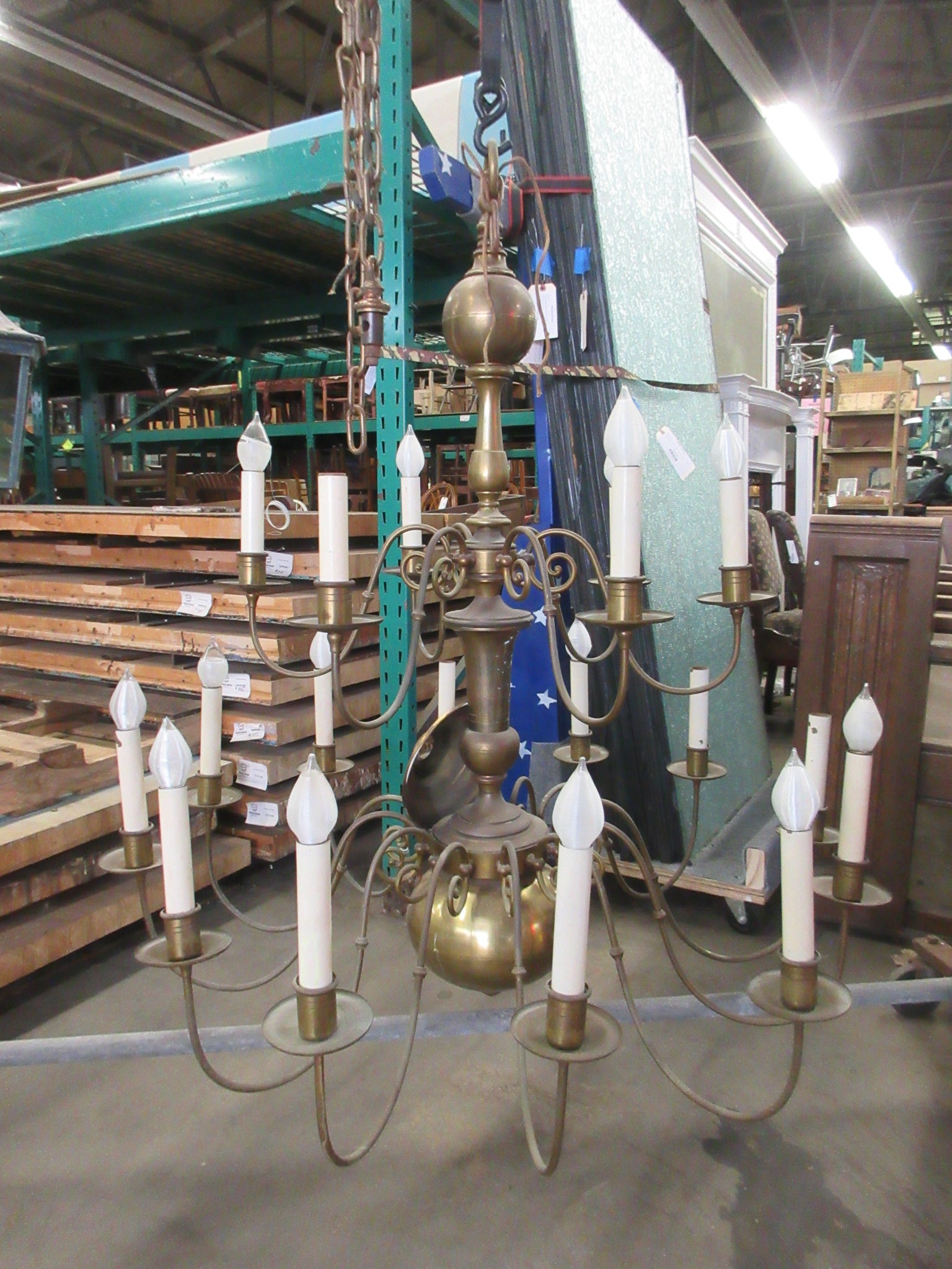 Antique Oversized Brass Two Tier Chandelier