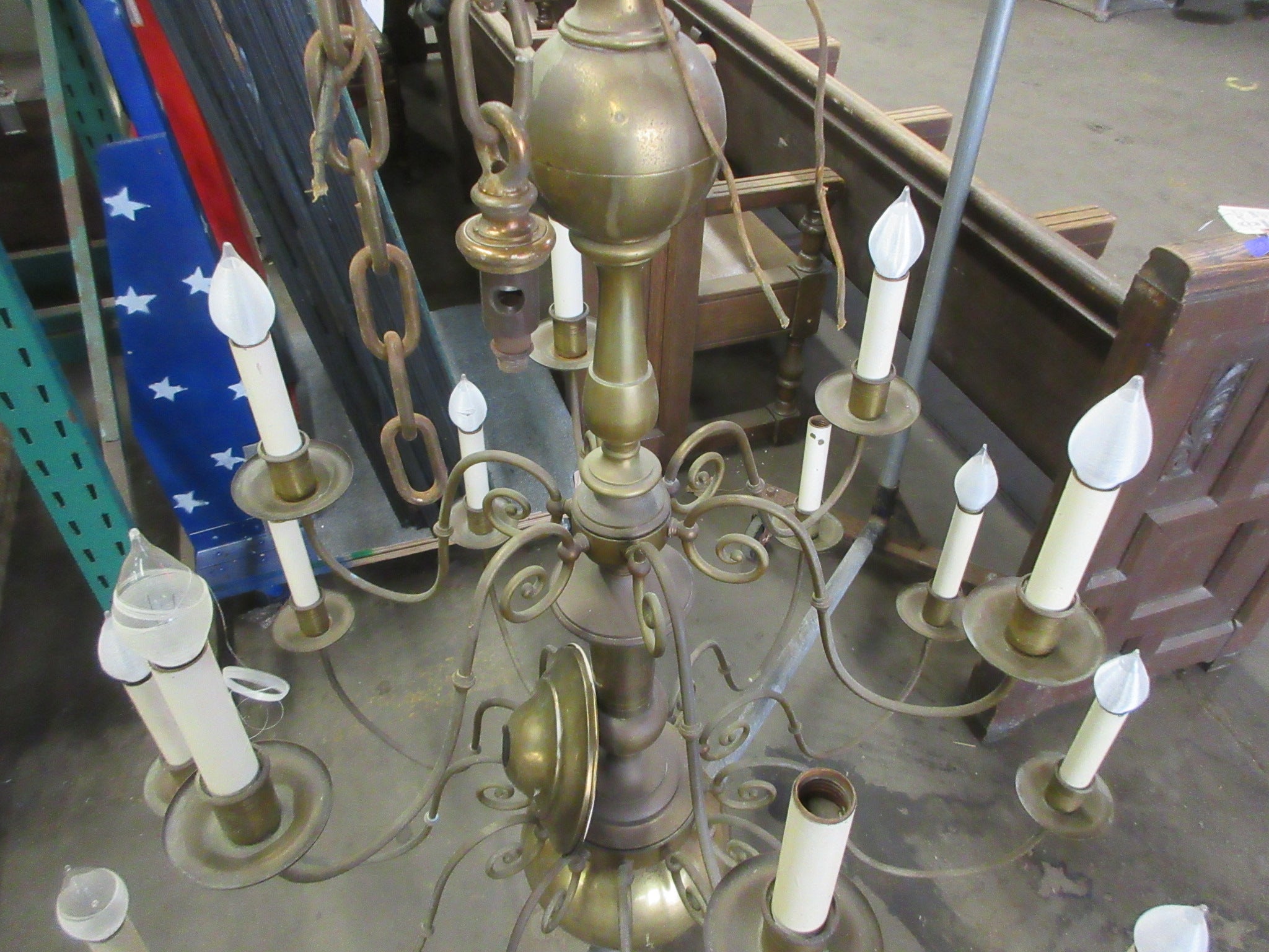Antique Oversized Brass Two Tier Chandelier