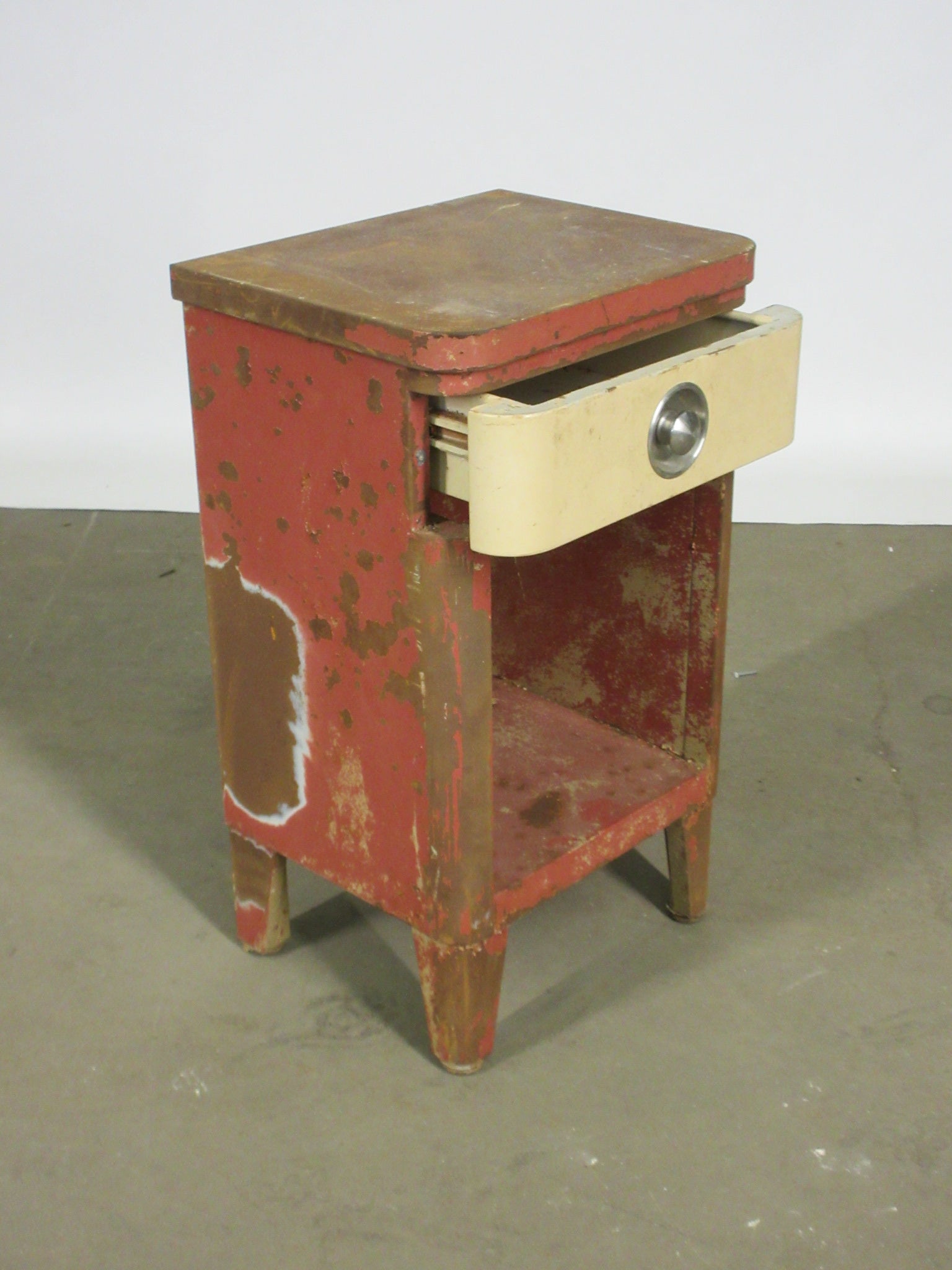 Vintage Distressed Metal Norman Bel Geddes for Simmons Night Stand with Pull