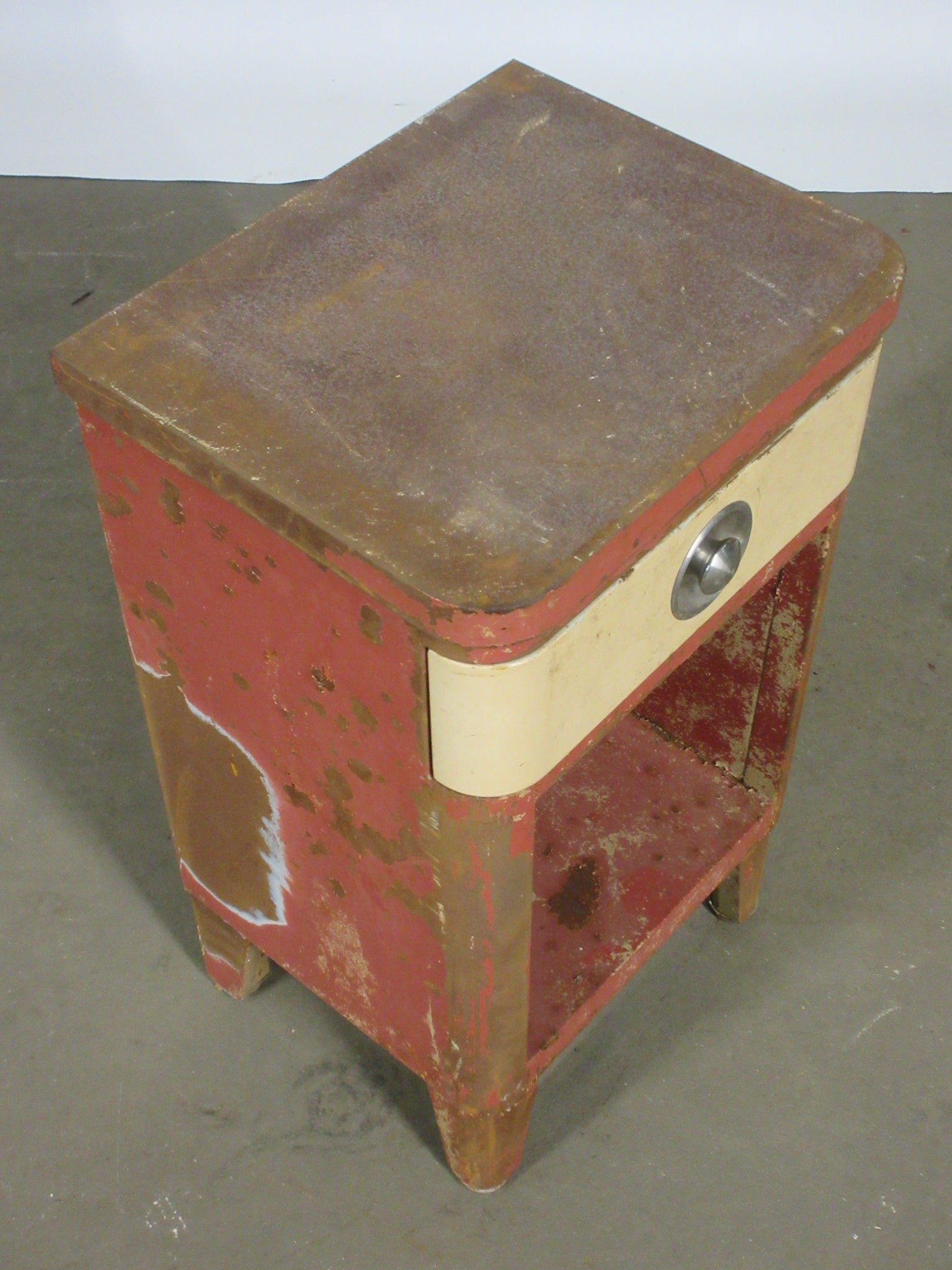 Vintage Distressed Metal Norman Bel Geddes for Simmons Night Stand with Pull