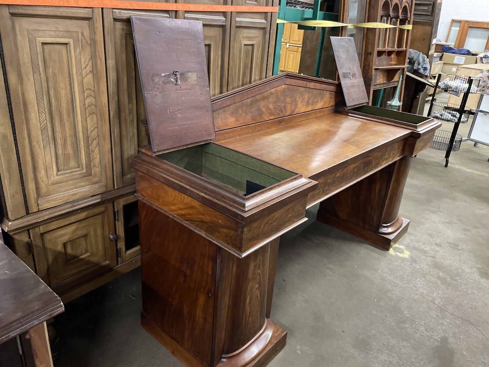Mahogany Twin Pedestal Style Sideboard Table with Integrated Storage