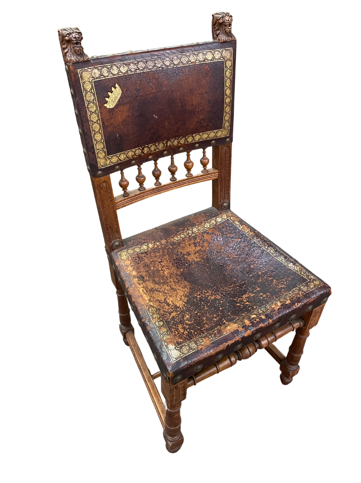 Set of 12 Antique Italian Leather Tooled Lion Head Chairs