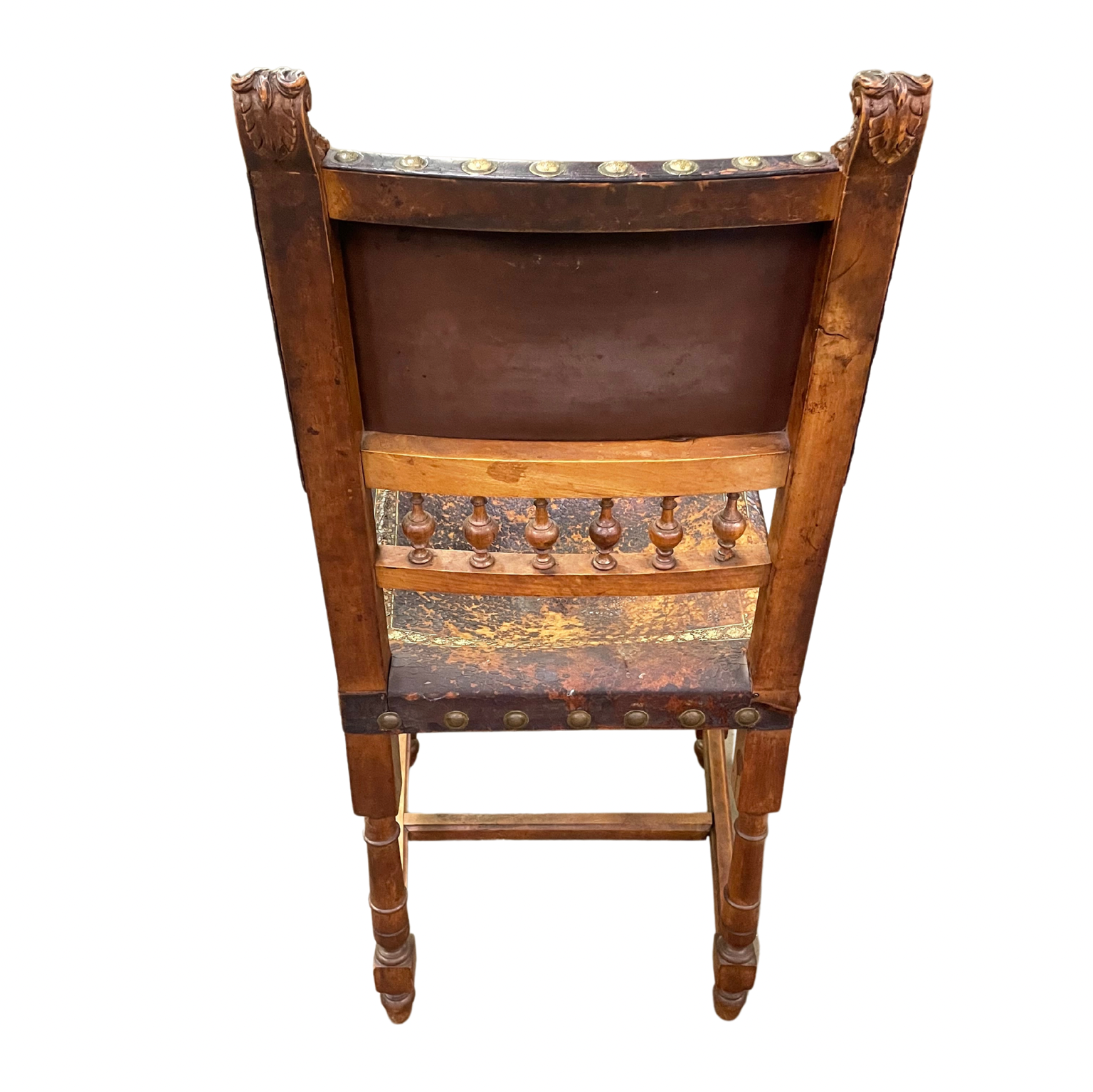 Set of 12 Antique Italian Leather Tooled Lion Head Chairs