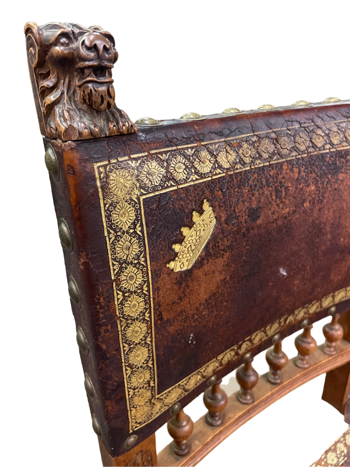 Set of 12 Antique Italian Leather Tooled Lion Head Chairs