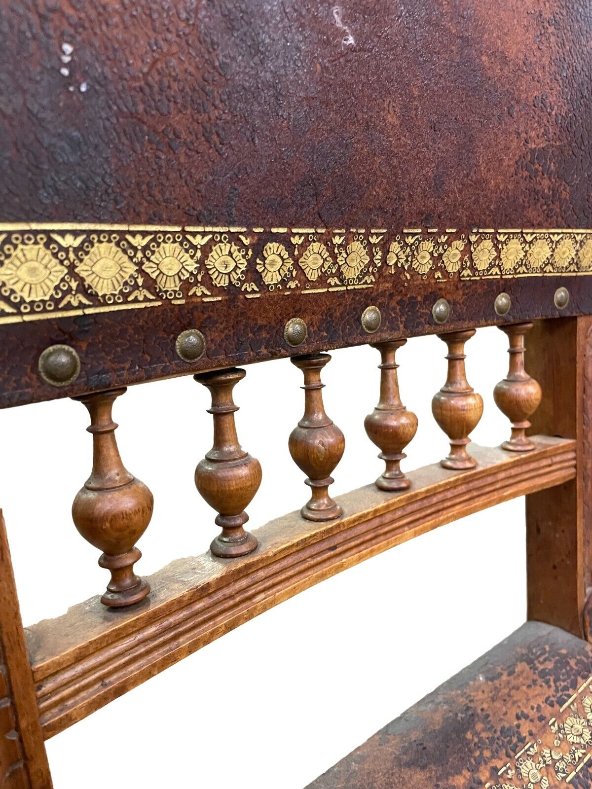 Set of 12 Antique Italian Leather Tooled Lion Head Chairs