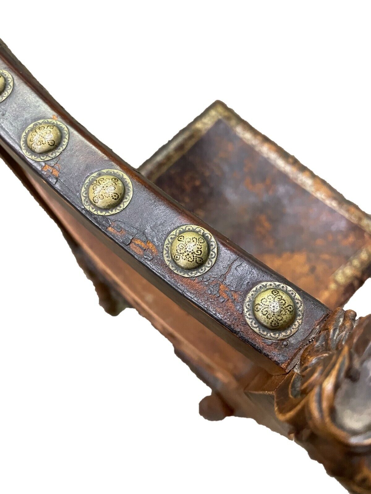 Set of 12 Antique Italian Leather Tooled Lion Head Chairs