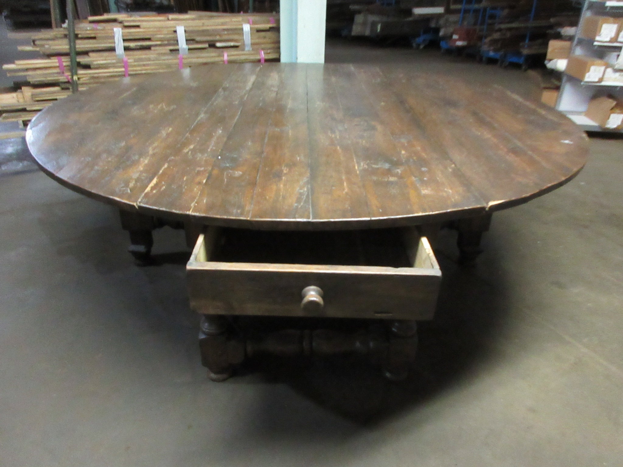 Antique Solid Wood Drop Leaf Dining Table with Storage