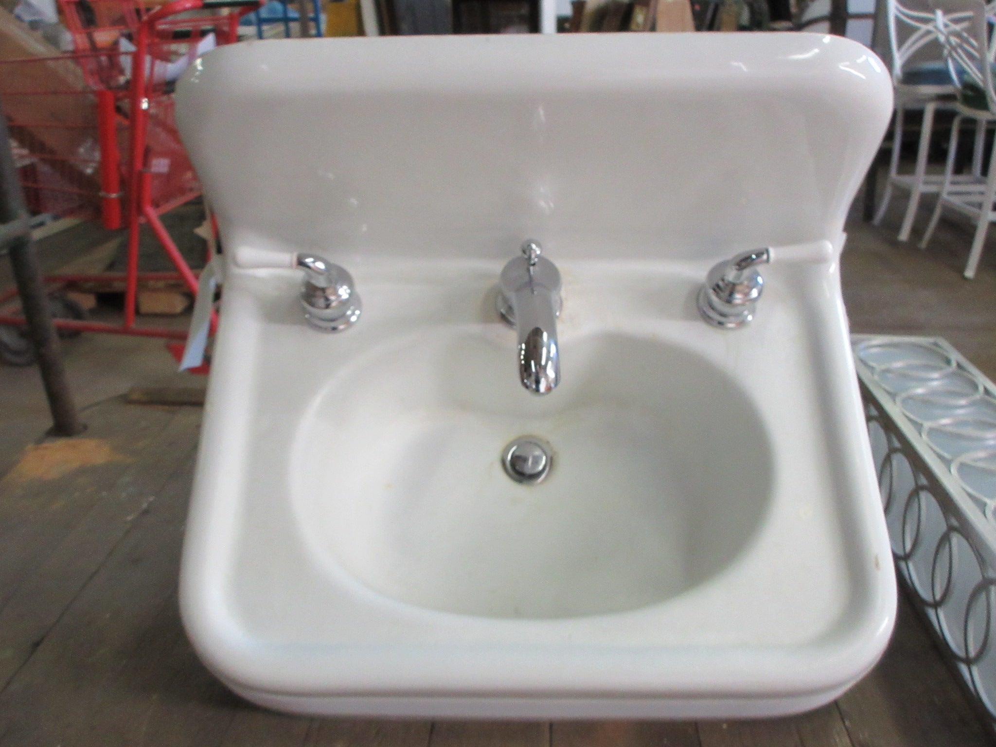 Wall Mount Cast Iron Sink with Chrome and Porcelain Hardware