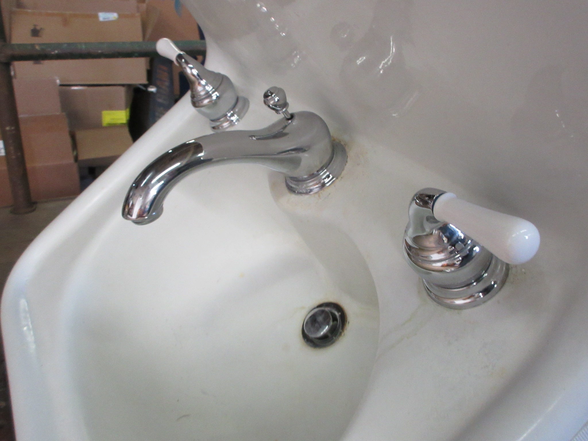 Wall Mount Cast Iron Sink with Chrome and Porcelain Hardware
