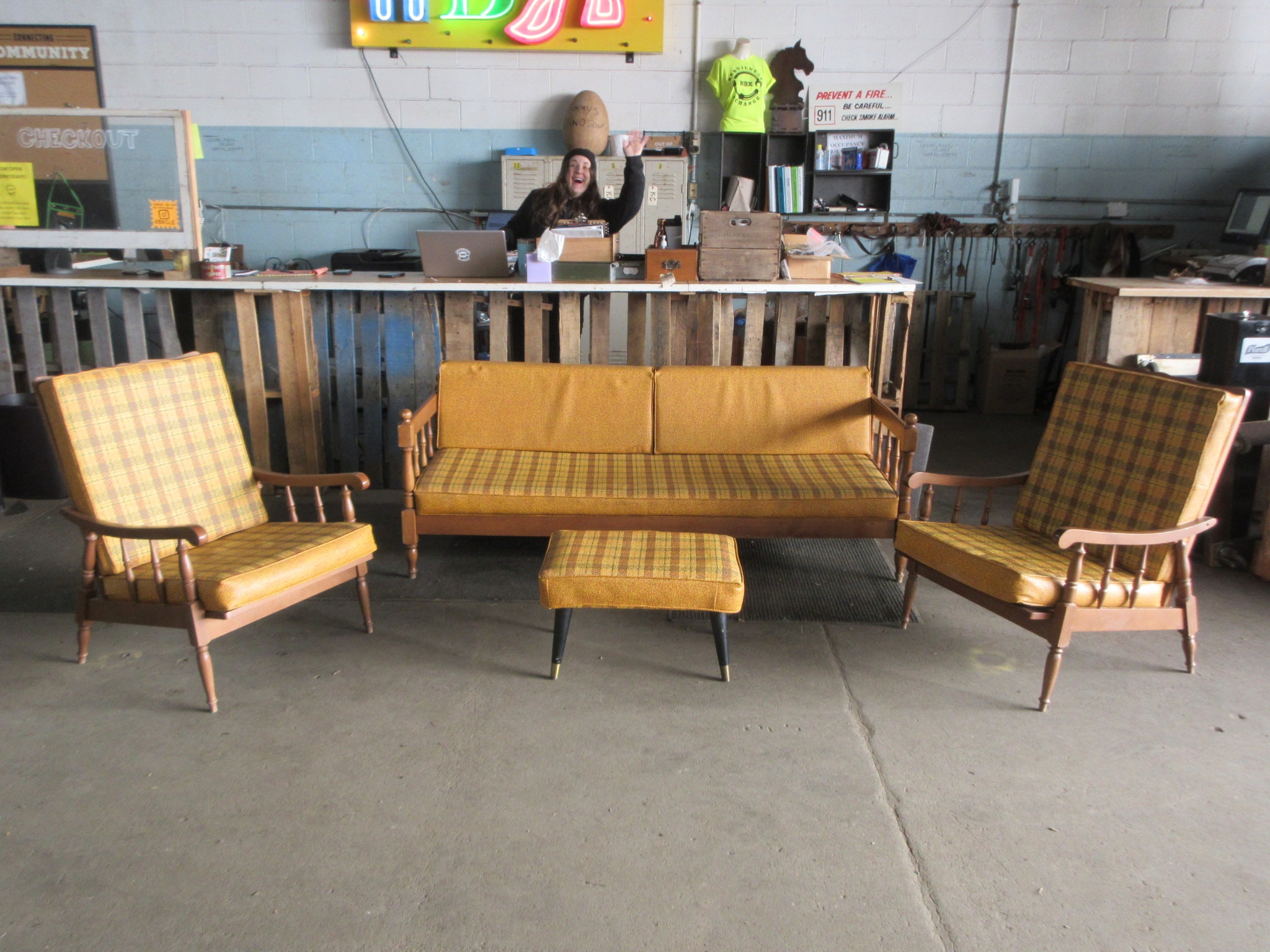 Vintage 1970's Wood & Vinyl Furniture Set (Four Pieces)