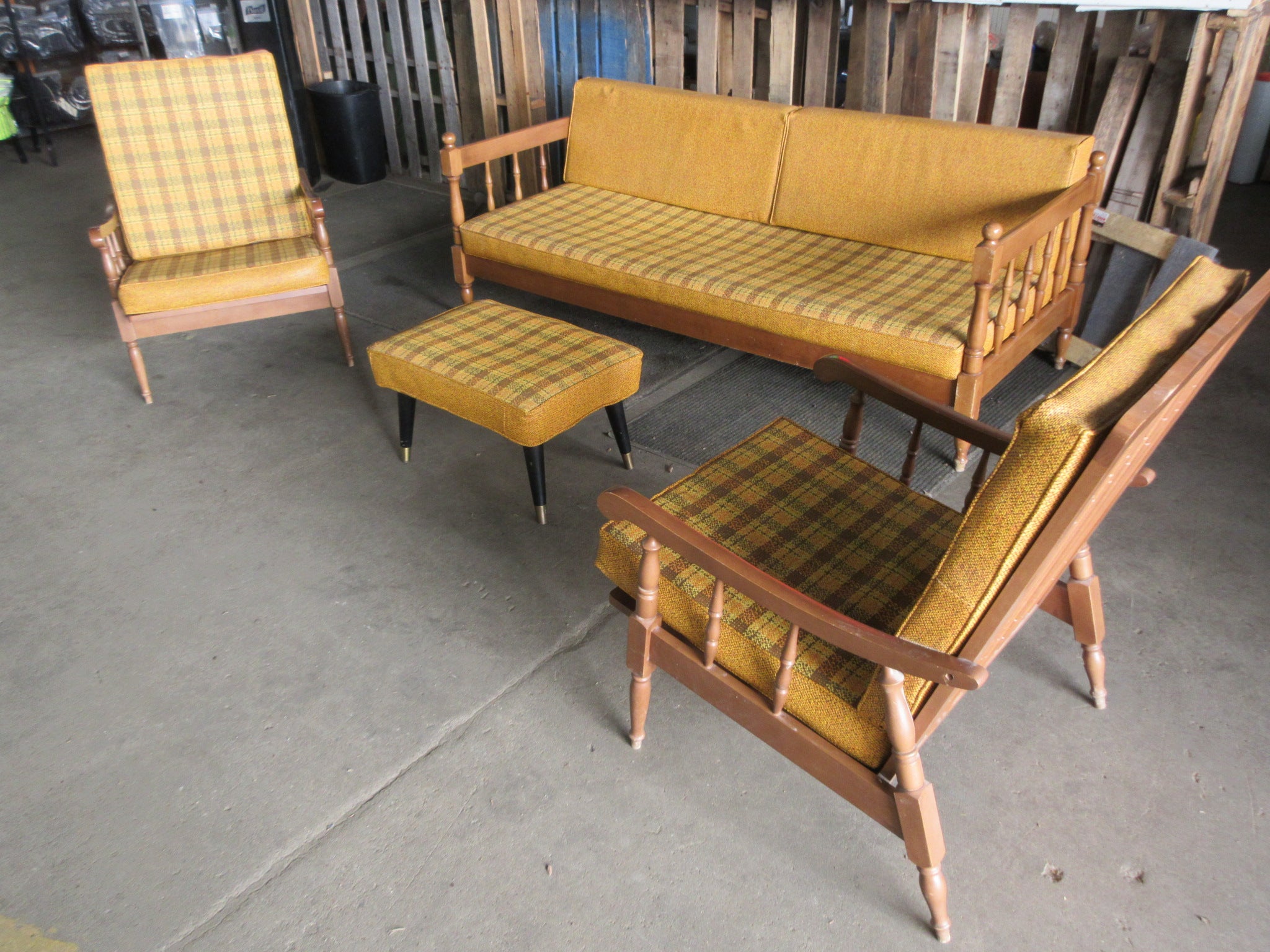 Vintage 1970's Wood & Vinyl Furniture Set (Four Pieces)