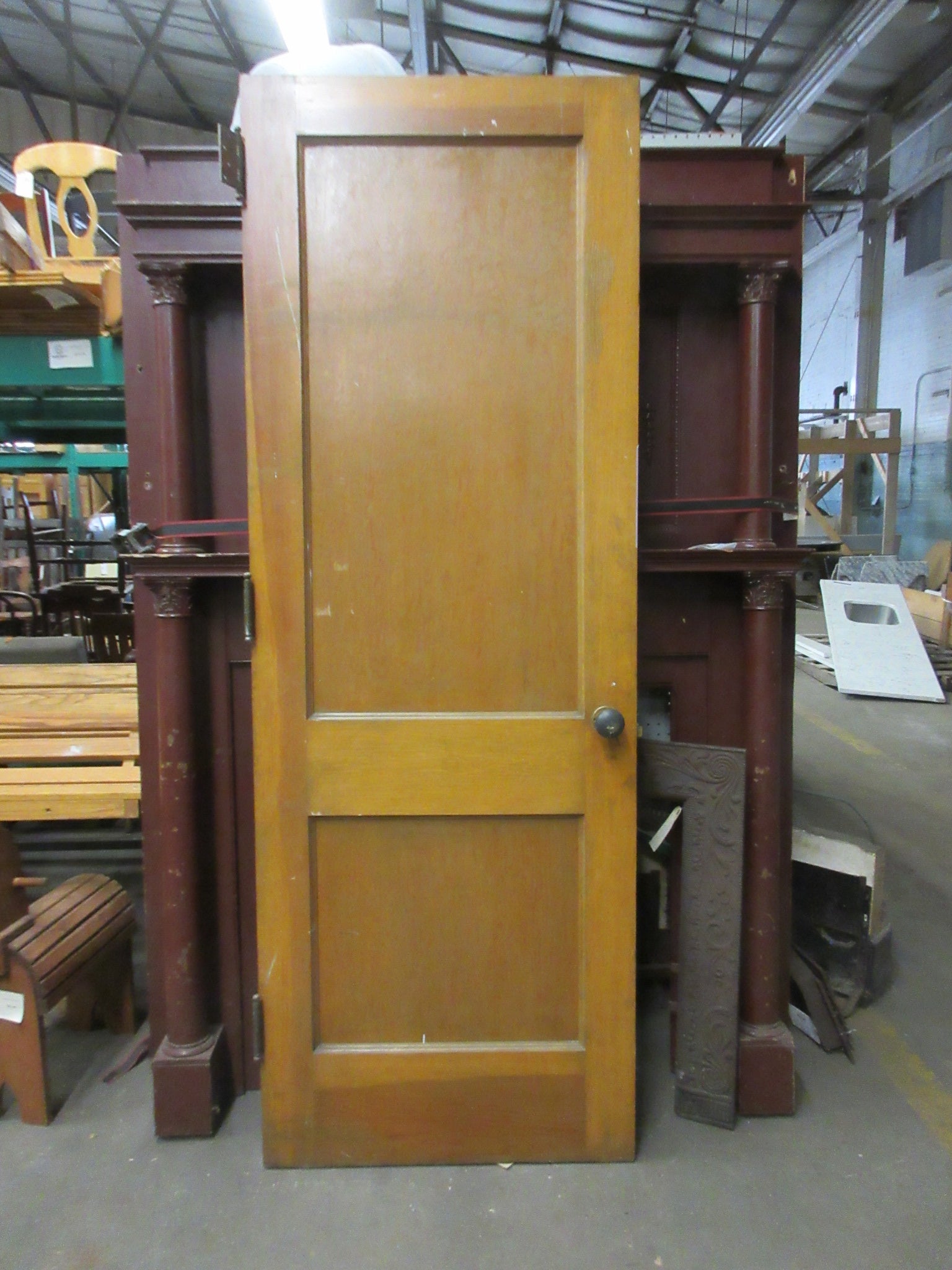 Vintage Two Panel Stained Door with Brass Mortise