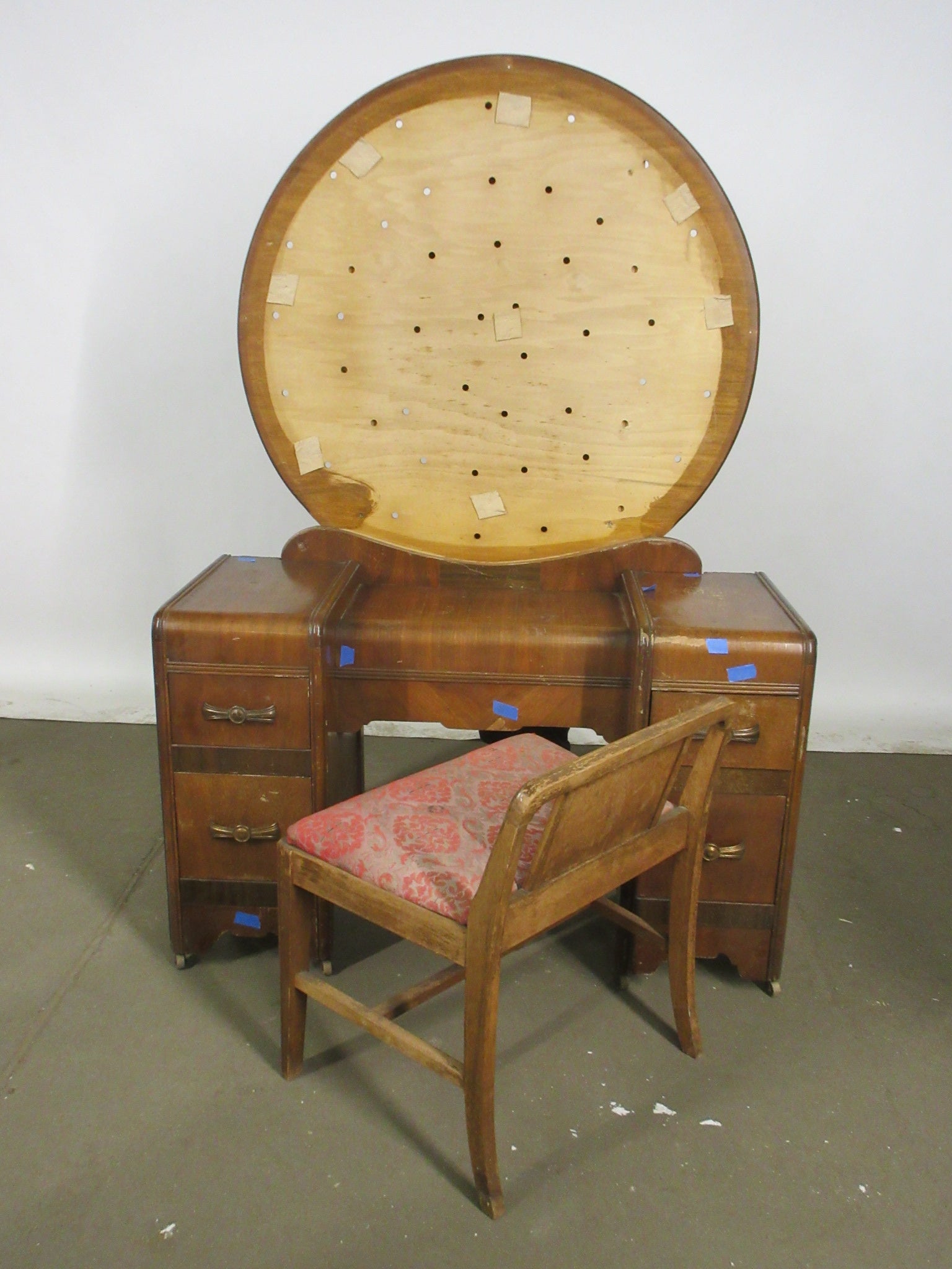 Vintage Art Deco Waterfall Vanity with Chair and Mirror