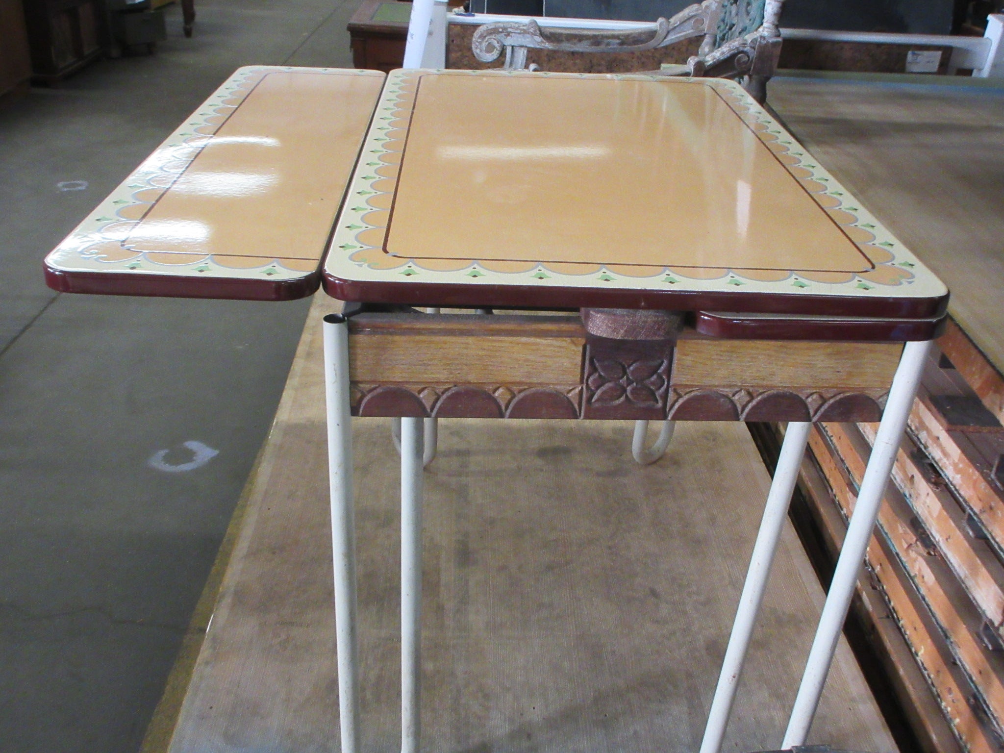 Vintage Enameled Metal Top Draw Leaf Dining Table