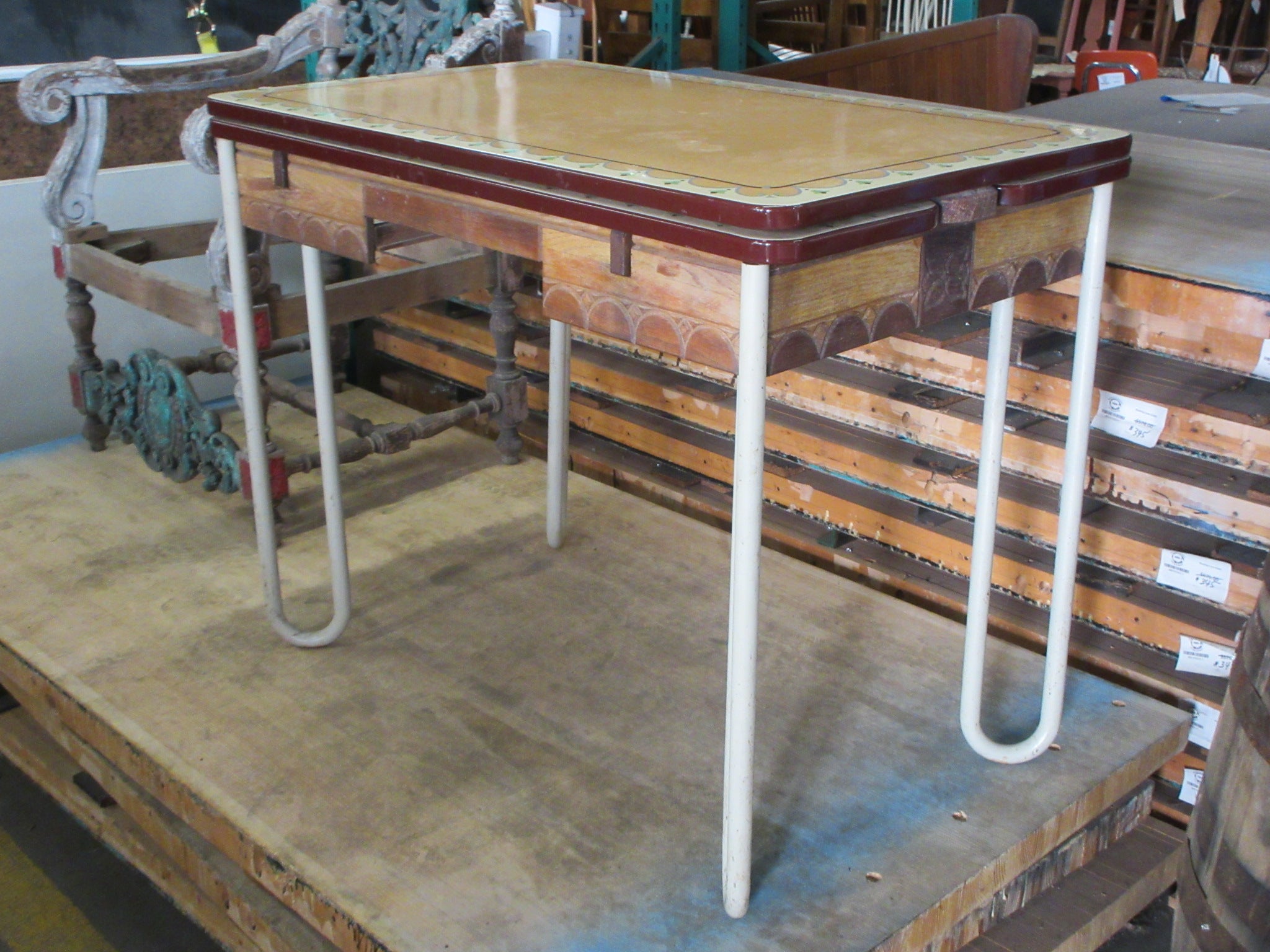 Vintage Enameled Metal Top Draw Leaf Dining Table