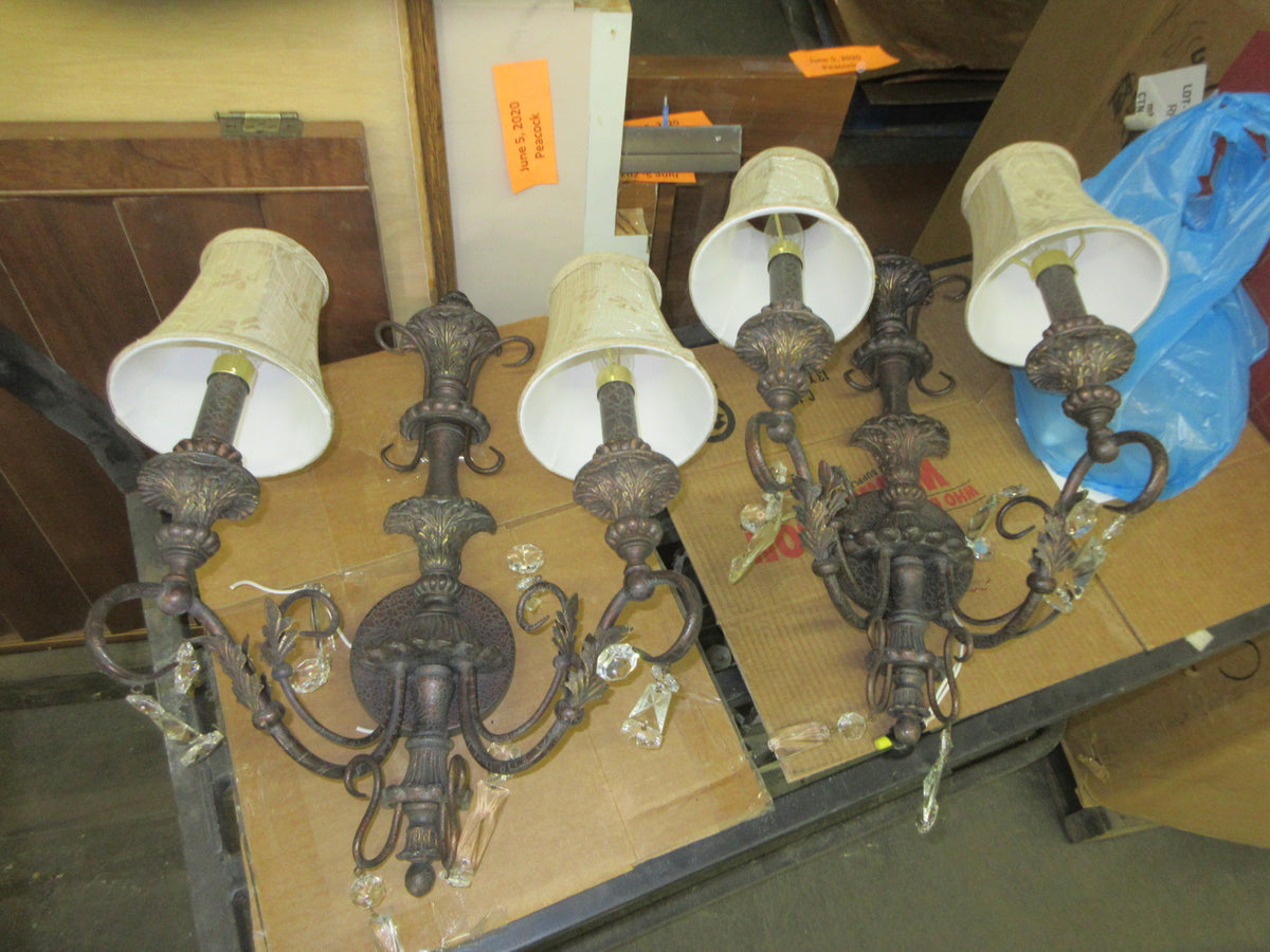 Baroque Design 2 Arm Sconces Glazed Art Metal, Crystal Pendants-Restored