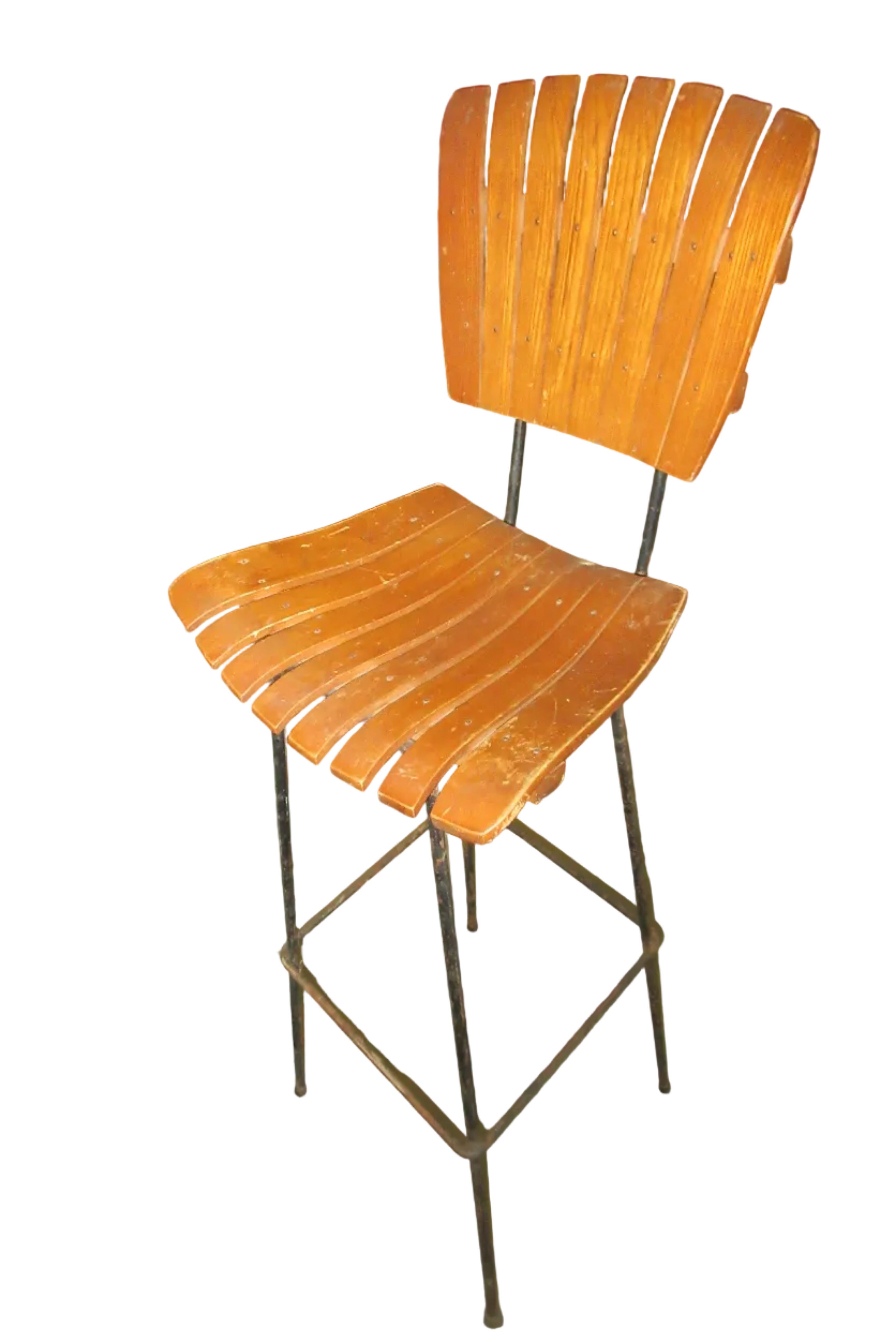 Arthur Umanoff Mid-Century Modern Iron & Slat Bar Stool