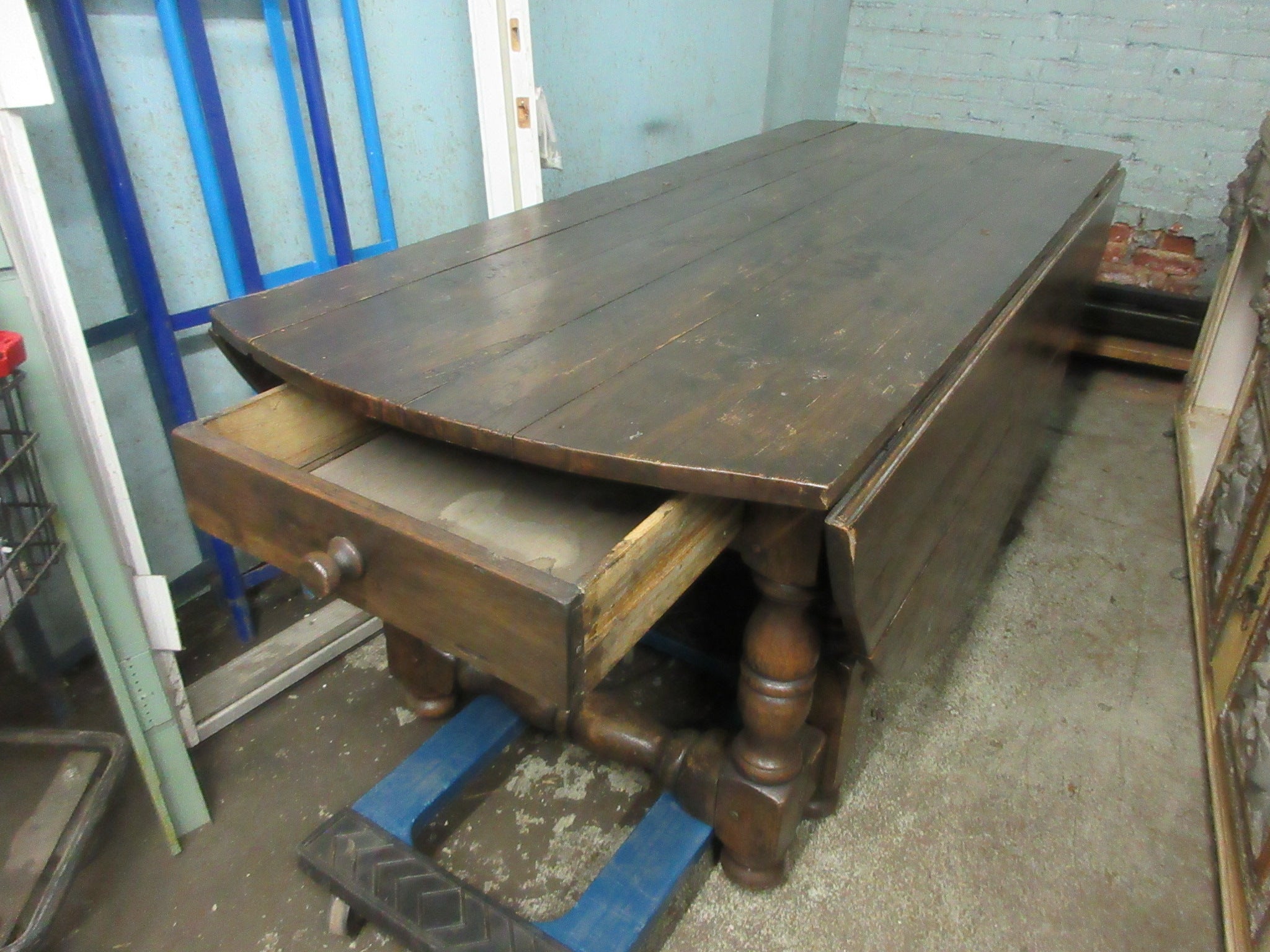 Antique Solid Wood Drop Leaf Dining Table with Storage