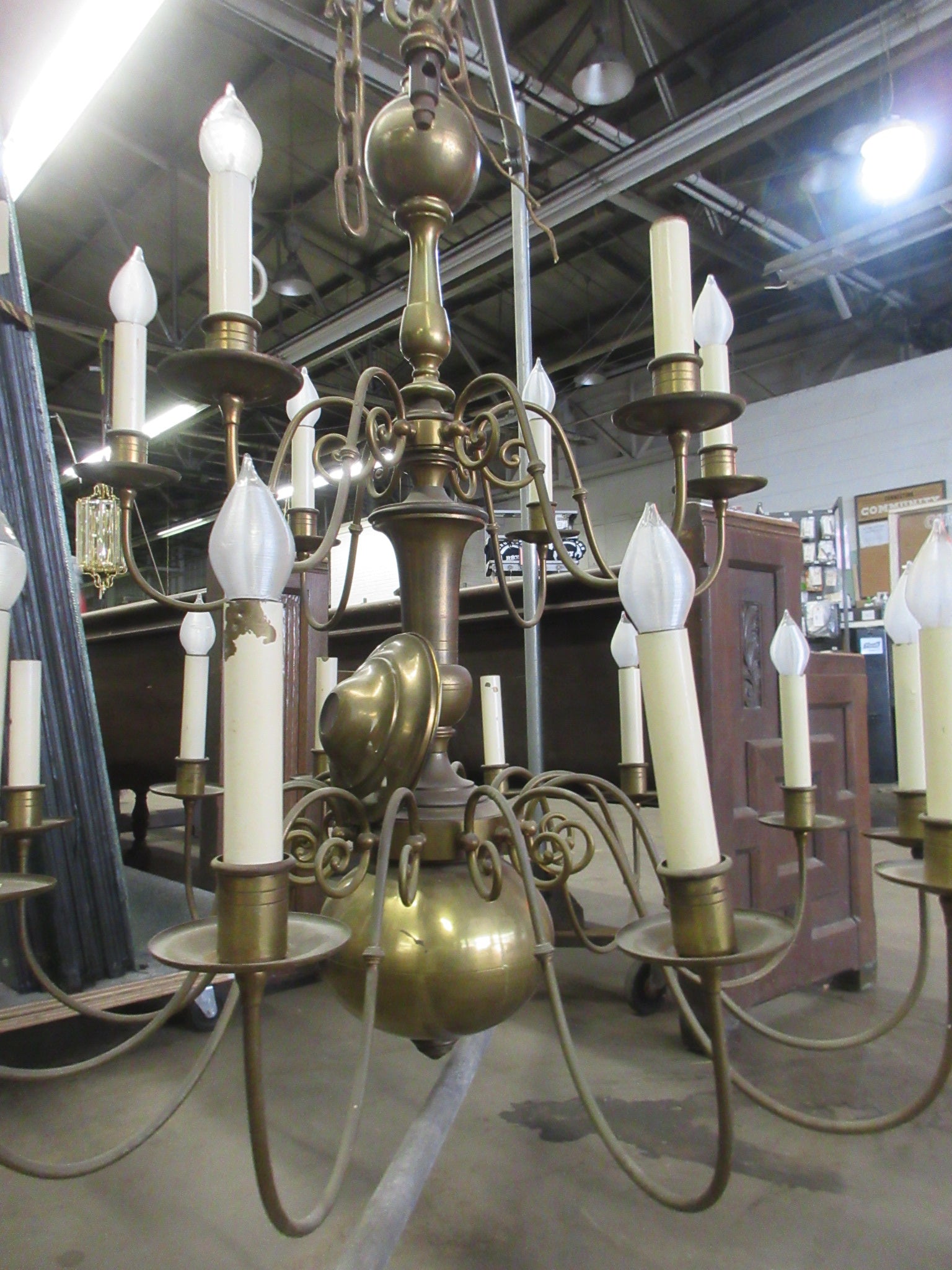 Antique Oversized Brass Two Tier Chandelier