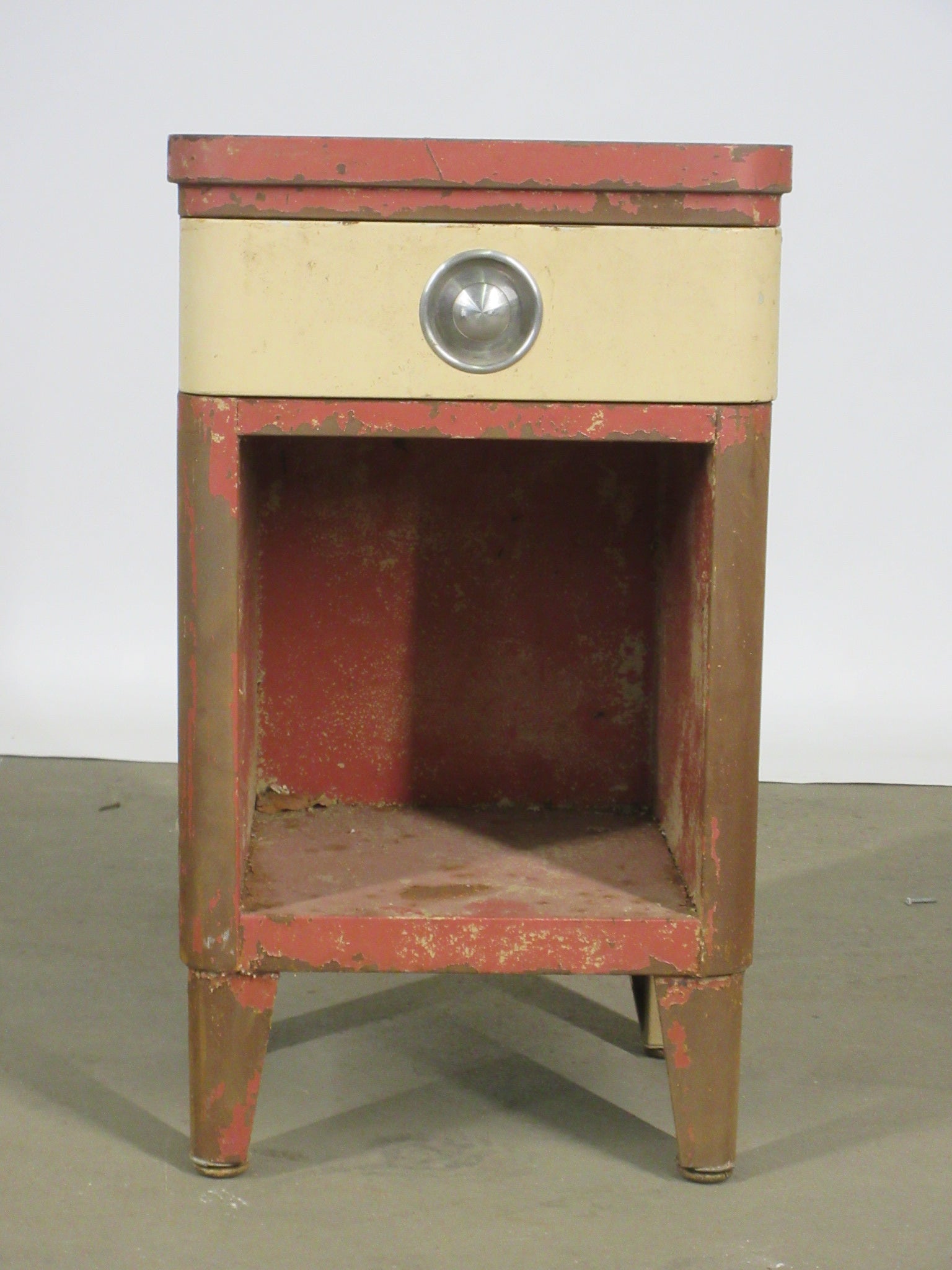Vintage Distressed Metal Norman Bel Geddes for Simmons Night Stand with Pull