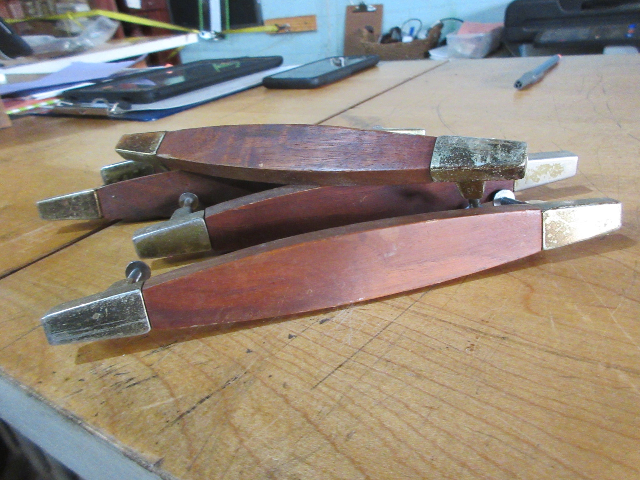Vintage Mid Century Wood and Metal Drawer Handles (Set of Five)