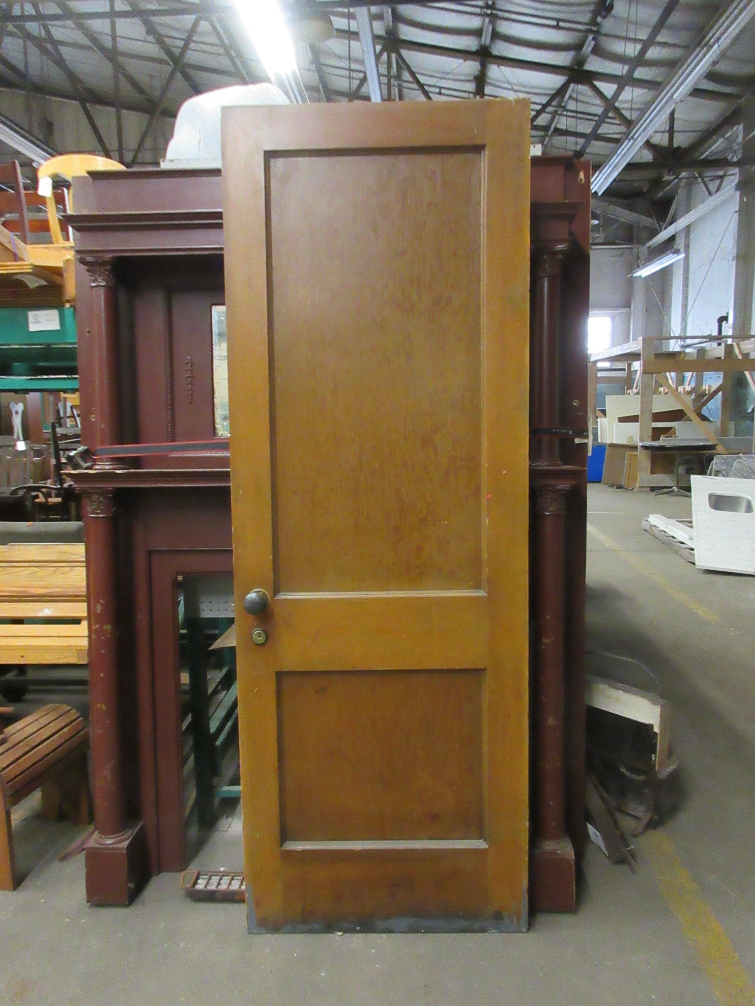 Vintage Two Panel Stained Door with Brass Mortise