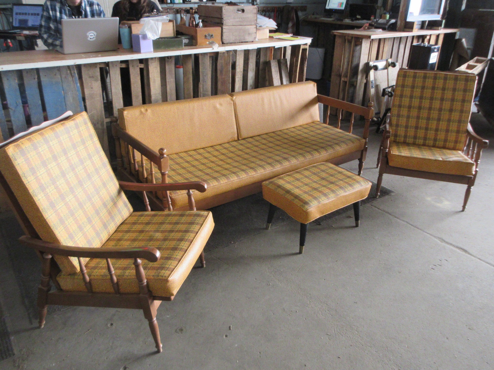 Vintage 1970's Wood & Vinyl Furniture Set (Four Pieces)